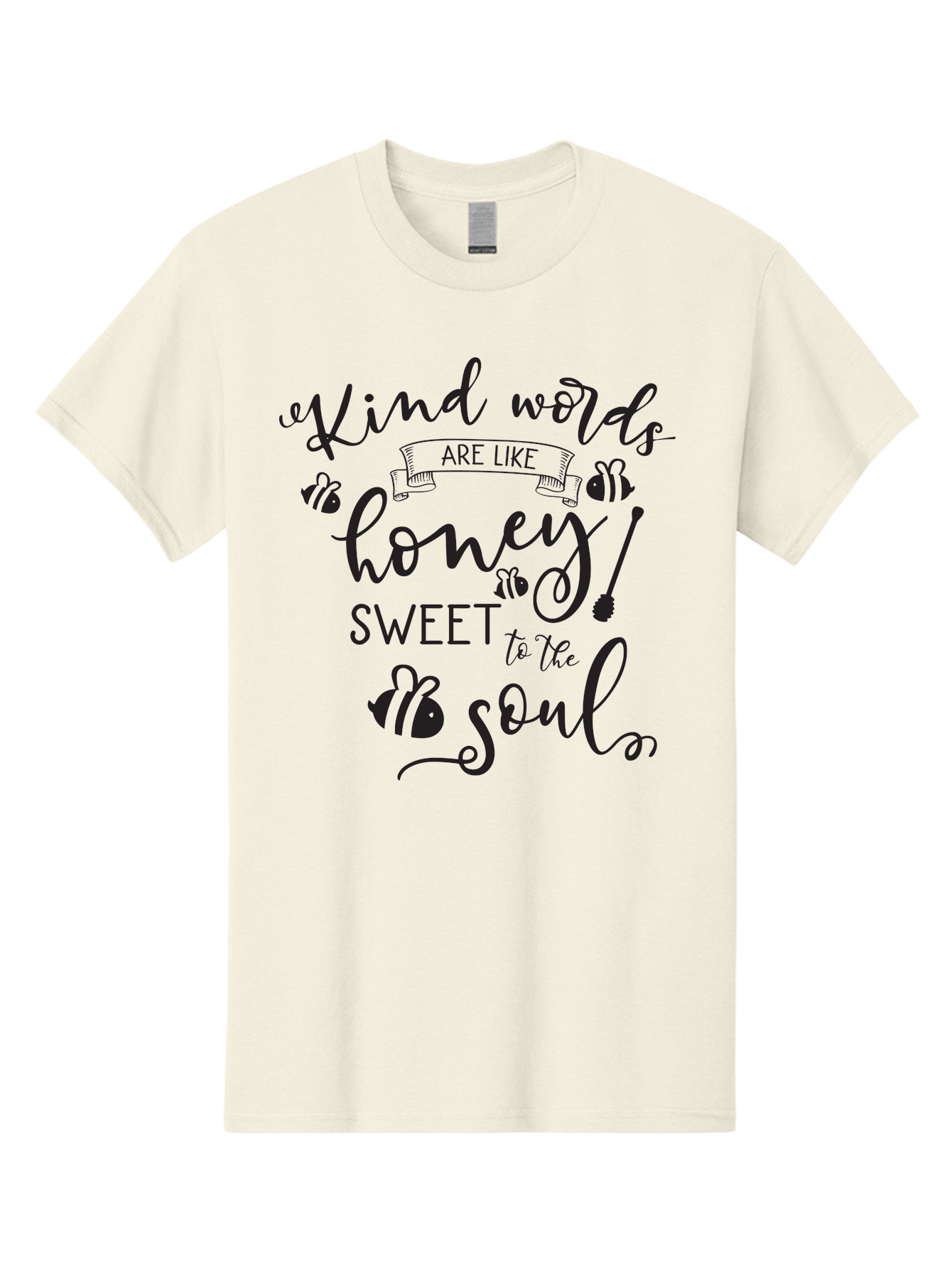 Kind-Words-Are-Like-Honey Men'S Graphic Tee, 100% Cotton, Comfortable Casual Summer Wear, Machine Washable, Inspirational Quote, Kindness, Positive Words, Sweet Soul, Motivational Quote, Black Lettering, Bee Illustrations, Ribbon Banner, Aac920