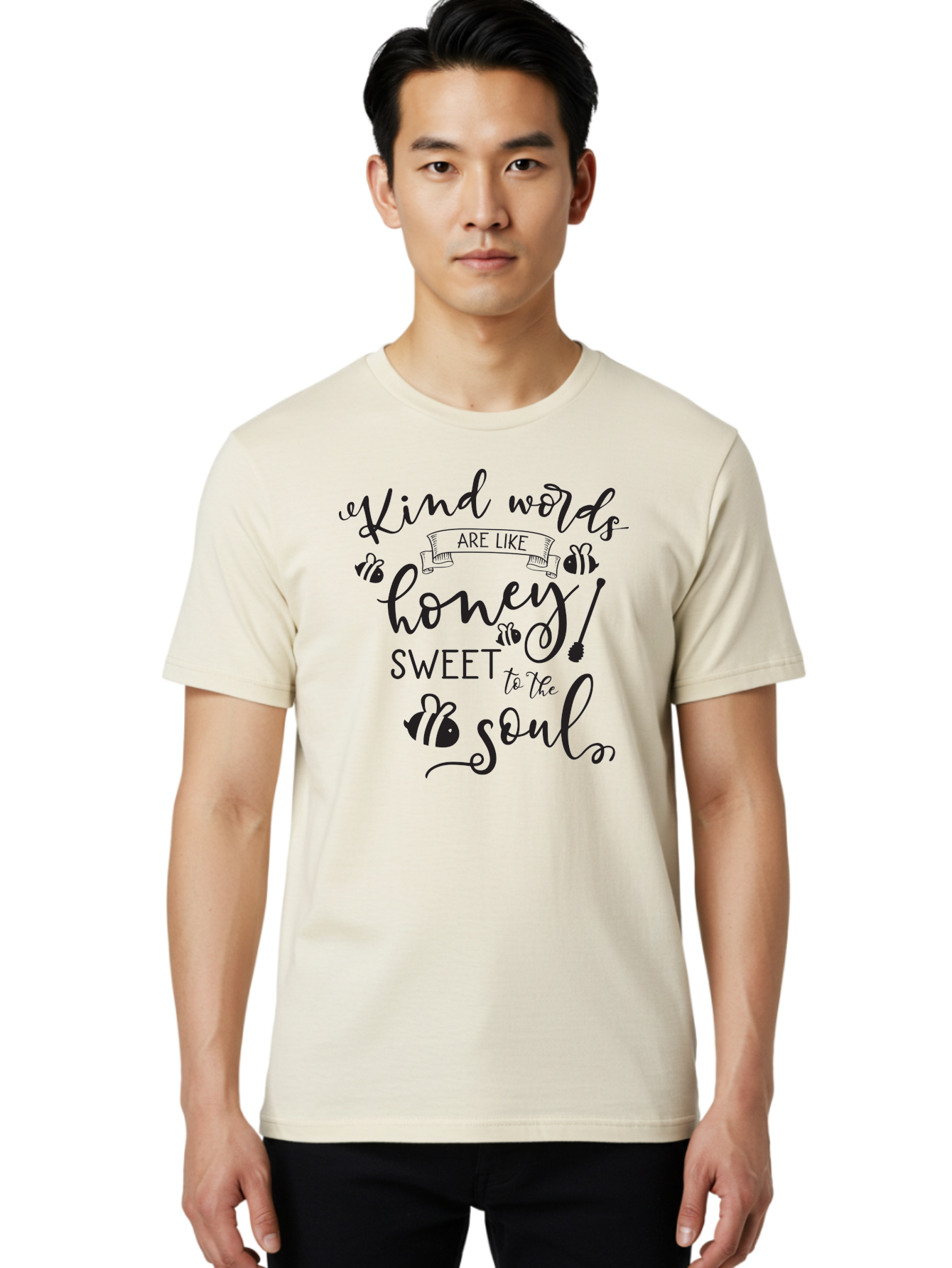 Kind-Words-Are-Like-Honey Men'S Graphic Tee, 100% Cotton, Comfortable Casual Summer Wear, Machine Washable, Inspirational Quote, Kindness, Positive Words, Sweet Soul, Motivational Quote, Black Lettering, Bee Illustrations, Ribbon Banner, Aac920