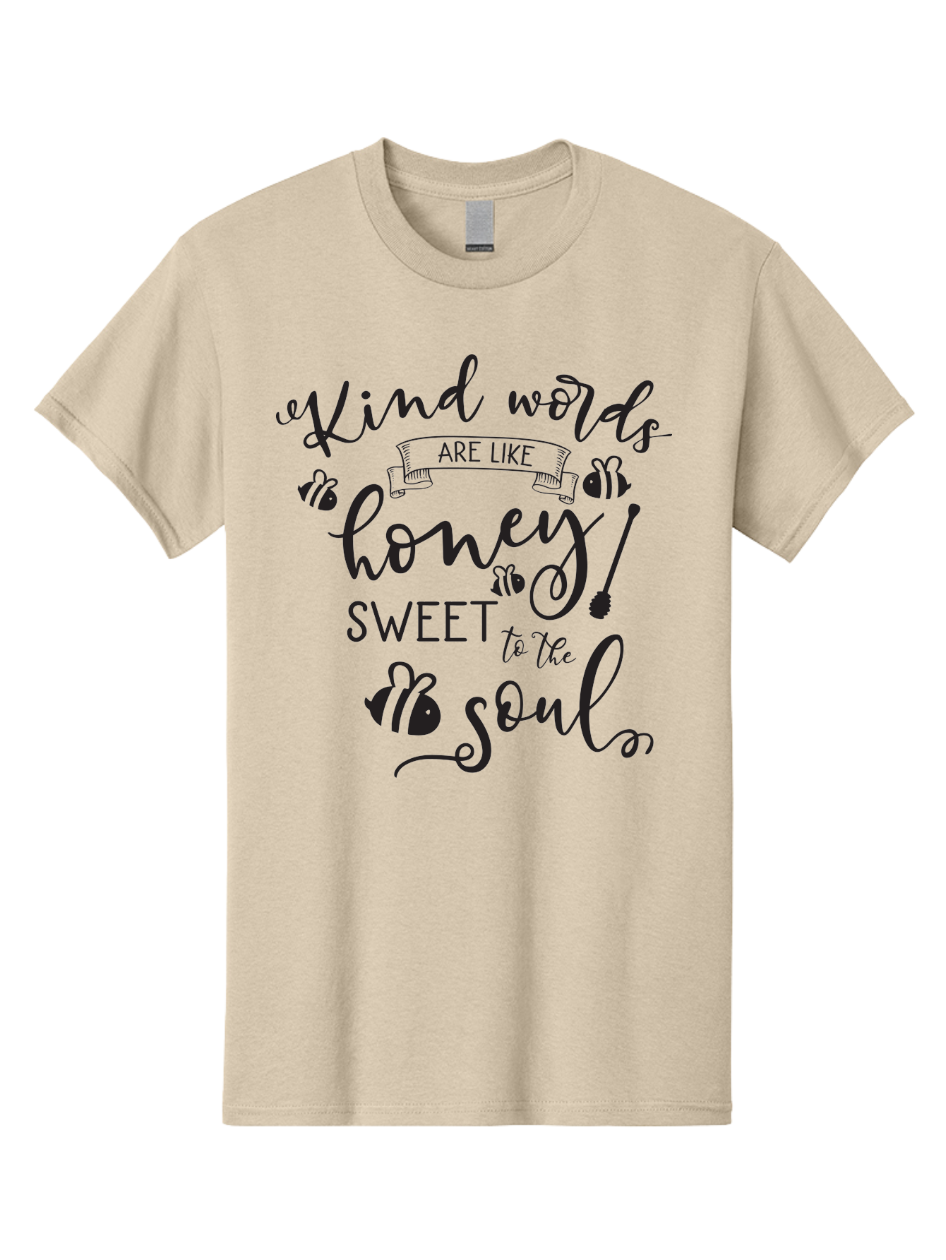 Kind-Words-Are-Like-Honey Men'S Graphic Tee, 100% Cotton, Comfortable Casual Summer Wear, Machine Washable, Inspirational Quote, Kindness, Positive Words, Sweet Soul, Motivational Quote, Black Lettering, Bee Illustrations, Ribbon Banner, Aac920
