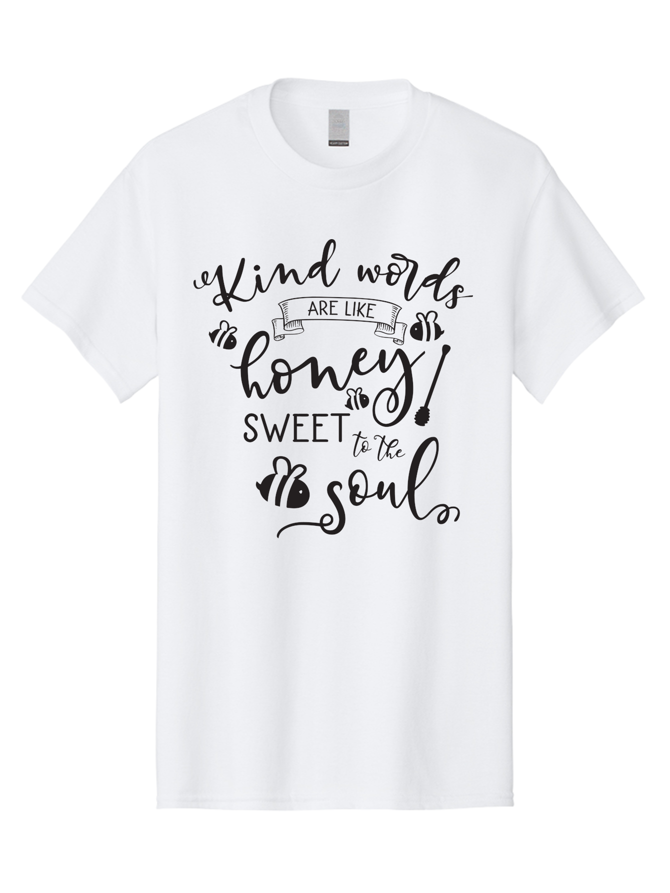 Kind-Words-Are-Like-Honey Men'S Graphic Tee, 100% Cotton, Comfortable Casual Summer Wear, Machine Washable, Inspirational Quote, Kindness, Positive Words, Sweet Soul, Motivational Quote, Black Lettering, Bee Illustrations, Ribbon Banner, Aac920