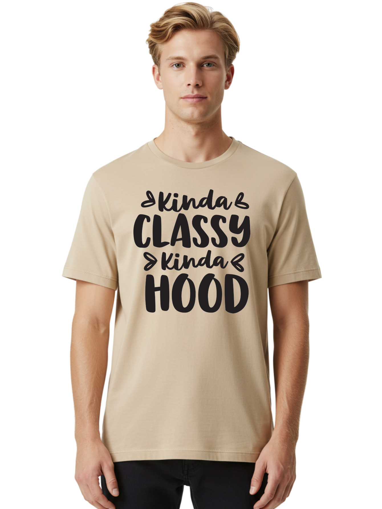 Kinda-Classy-Kinda-Hood Men'S Graphic Tee, 100% Cotton, Comfortable Casual Summer Wear, Machine Washable, Classy And Hood, Contrast, Stylish, Quote, Urban, Elegance, Quirky, Fashion Statement, Sassy, Attitude, Humor, Playful Typography Aac921