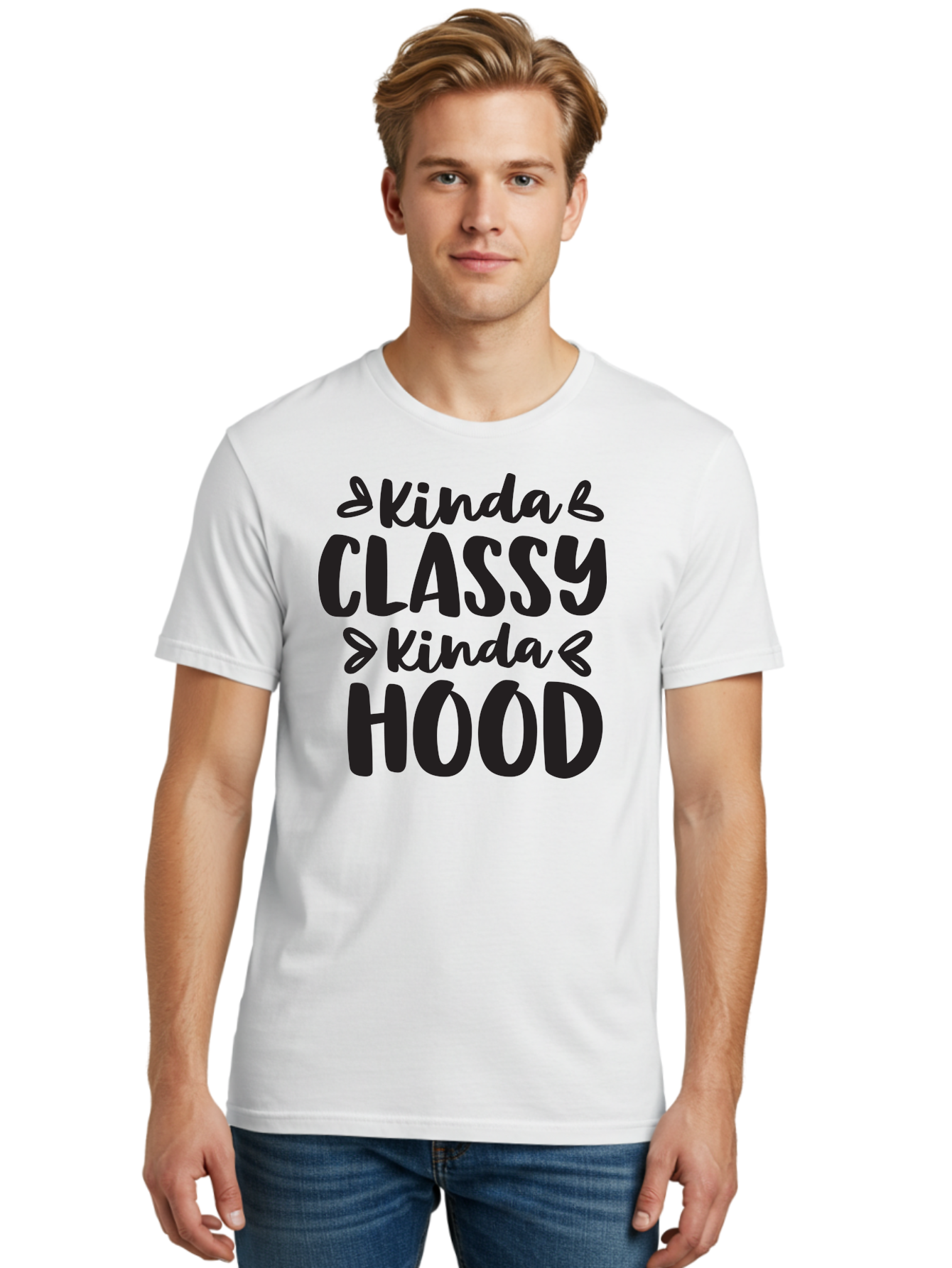 Kinda-Classy-Kinda-Hood Men'S Graphic Tee, 100% Cotton, Comfortable Casual Summer Wear, Machine Washable, Classy And Hood, Contrast, Stylish, Quote, Urban, Elegance, Quirky, Fashion Statement, Sassy, Attitude, Humor, Playful Typography Aac921