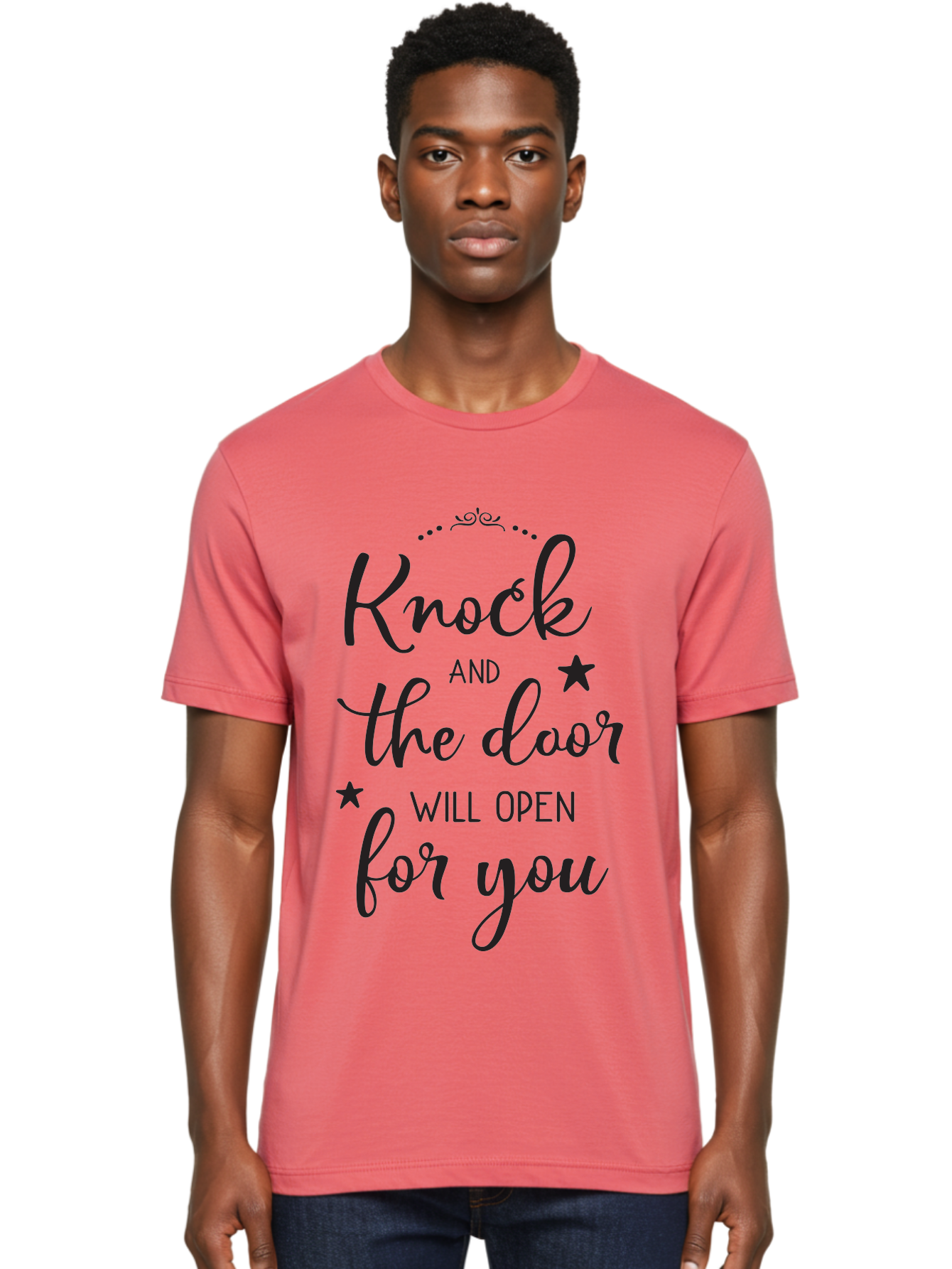 Knock-And-The-Door-Will-Open-For-You Men'S Graphic Tee, 100% Cotton, Comfortable Casual Summer Wear, Machine Washable, Motivational Quote, Inspiring Words, Positive Affirmation, Knock And The Door Will Open, Opportunity Knocks, Success Mantra, Aac922