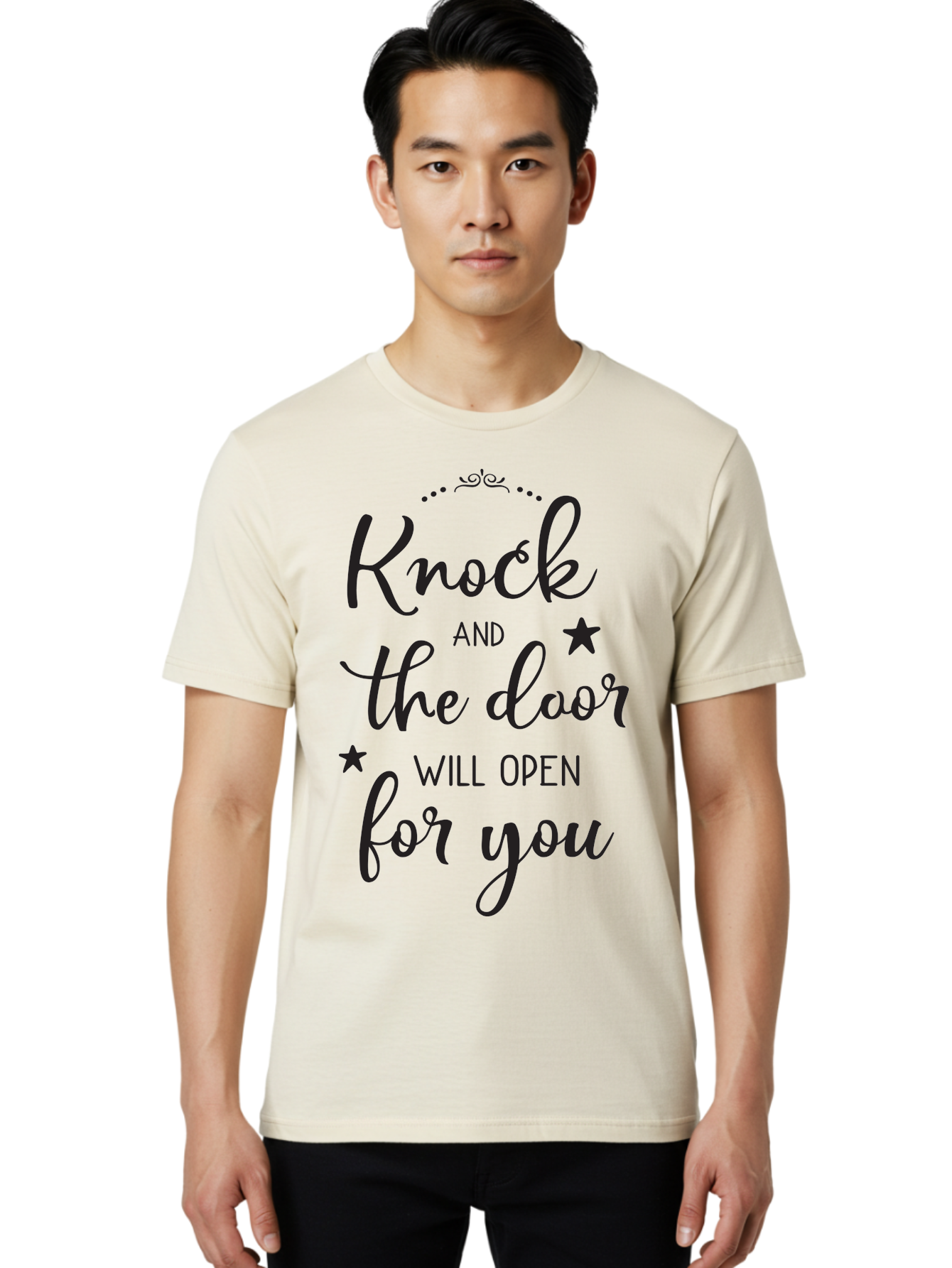 Knock-And-The-Door-Will-Open-For-You Men'S Graphic Tee, 100% Cotton, Comfortable Casual Summer Wear, Machine Washable, Motivational Quote, Inspiring Words, Positive Affirmation, Knock And The Door Will Open, Opportunity Knocks, Success Mantra, Aac922