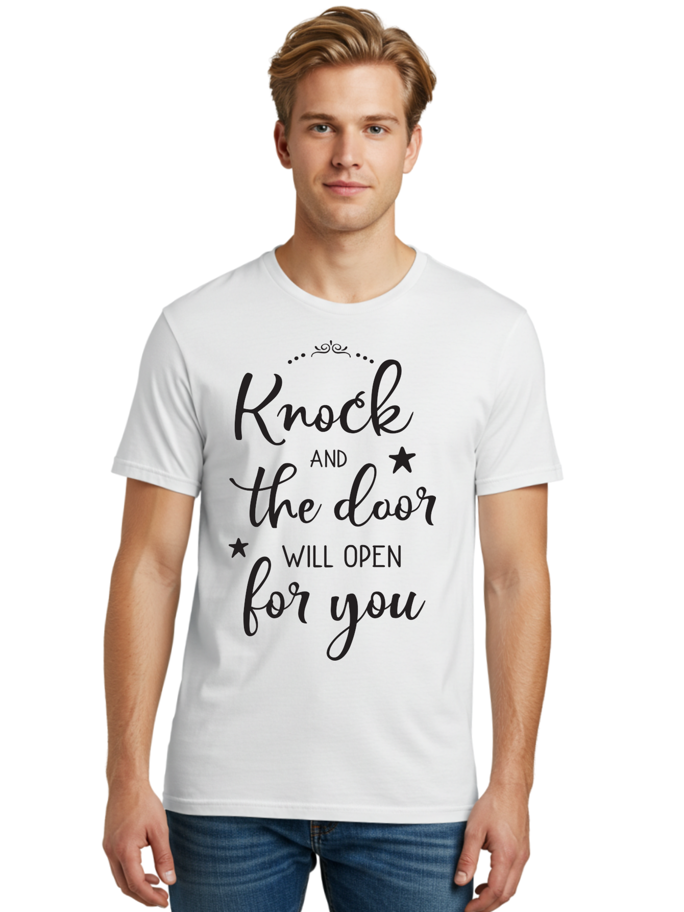 Knock-And-The-Door-Will-Open-For-You Men'S Graphic Tee, 100% Cotton, Comfortable Casual Summer Wear, Machine Washable, Motivational Quote, Inspiring Words, Positive Affirmation, Knock And The Door Will Open, Opportunity Knocks, Success Mantra, Aac922