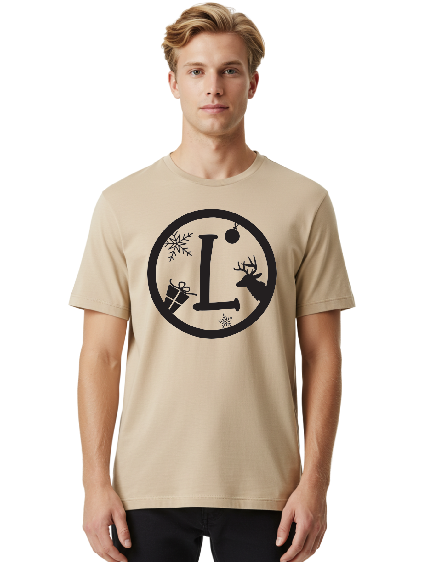 L Men'S Graphic Tee, 100% Cotton, Comfortable Casual Summer Wear, Machine Washable, Christmas Decorations, Holiday Gifts, Winter Snowflakes, Reindeer Silhouette, Festive Atmosphere, Seasonal Ornaments, Gift Wrapping Aac923