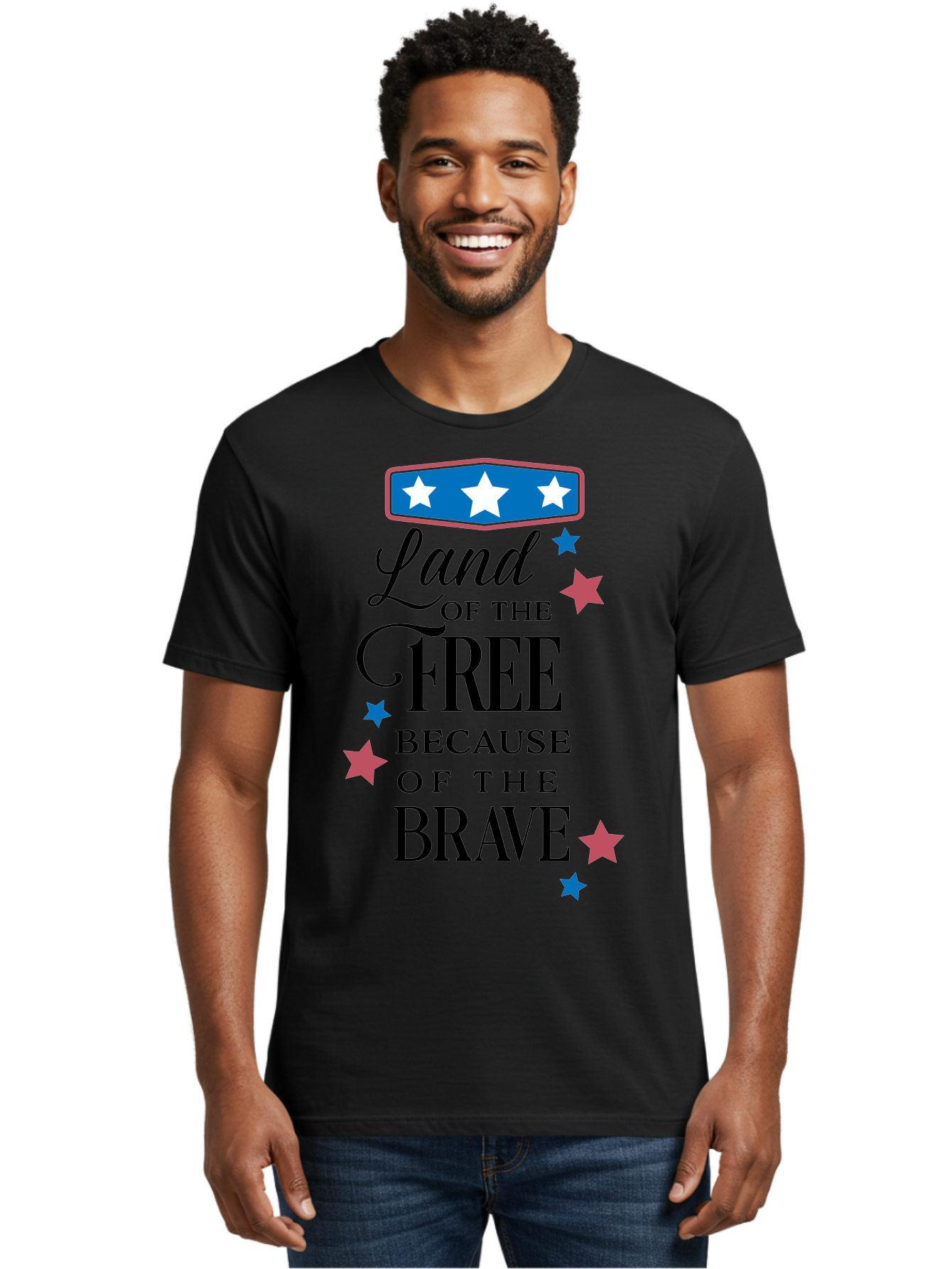 Land-Of-Free-Because-Of-Brave Men'S Graphic Tee, 100% Cotton, Comfortable Casual Summer Wear, Machine Washable, Patriotic Quote, Inspirational Phrase, Red White And Blue Theme, Freedom And Bravery, Stars And Stripes, Usa Pride, Aac924