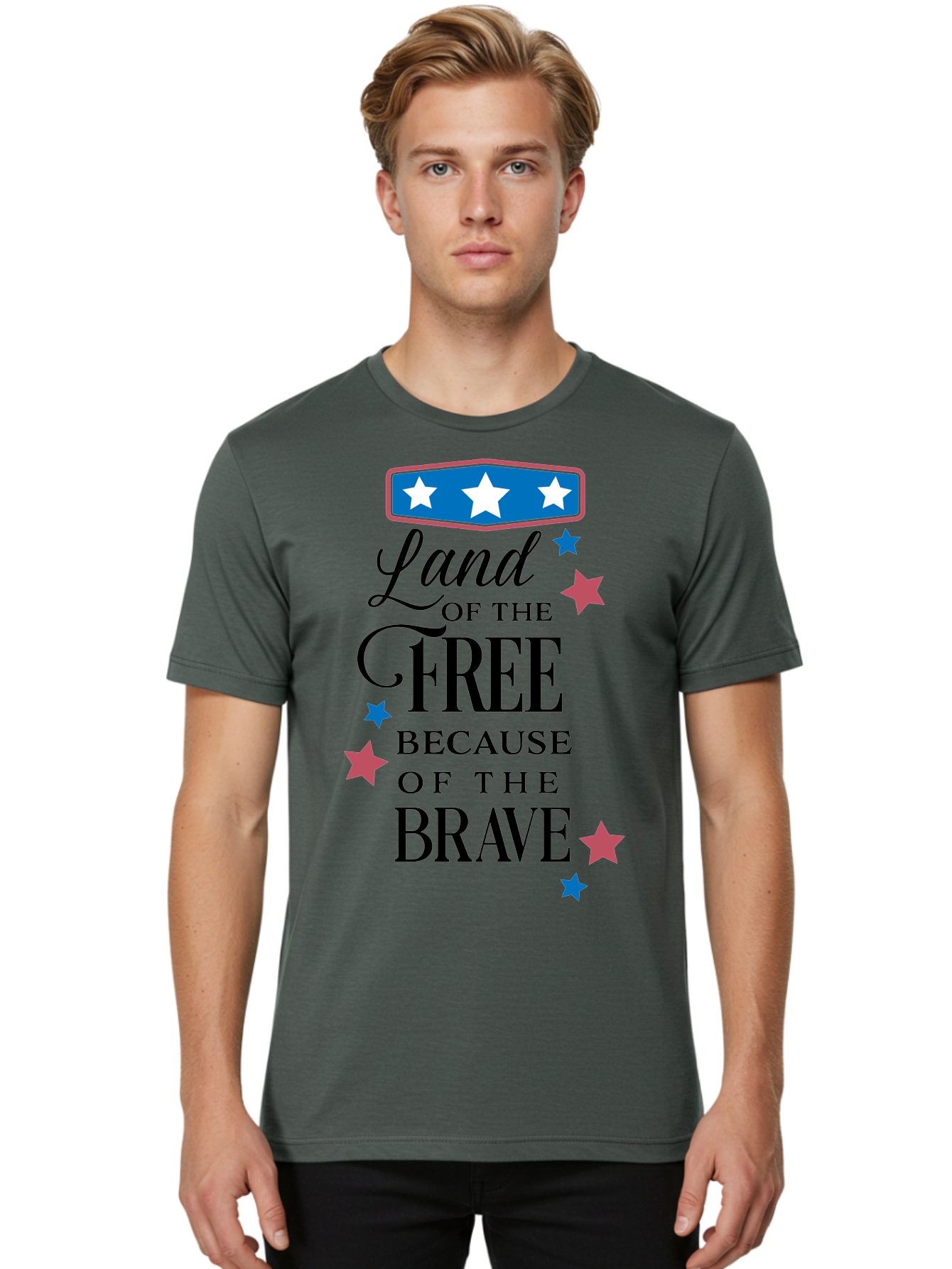 Land-Of-Free-Because-Of-Brave Men'S Graphic Tee, 100% Cotton, Comfortable Casual Summer Wear, Machine Washable, Patriotic Quote, Inspirational Phrase, Red White And Blue Theme, Freedom And Bravery, Stars And Stripes, Usa Pride, Aac924