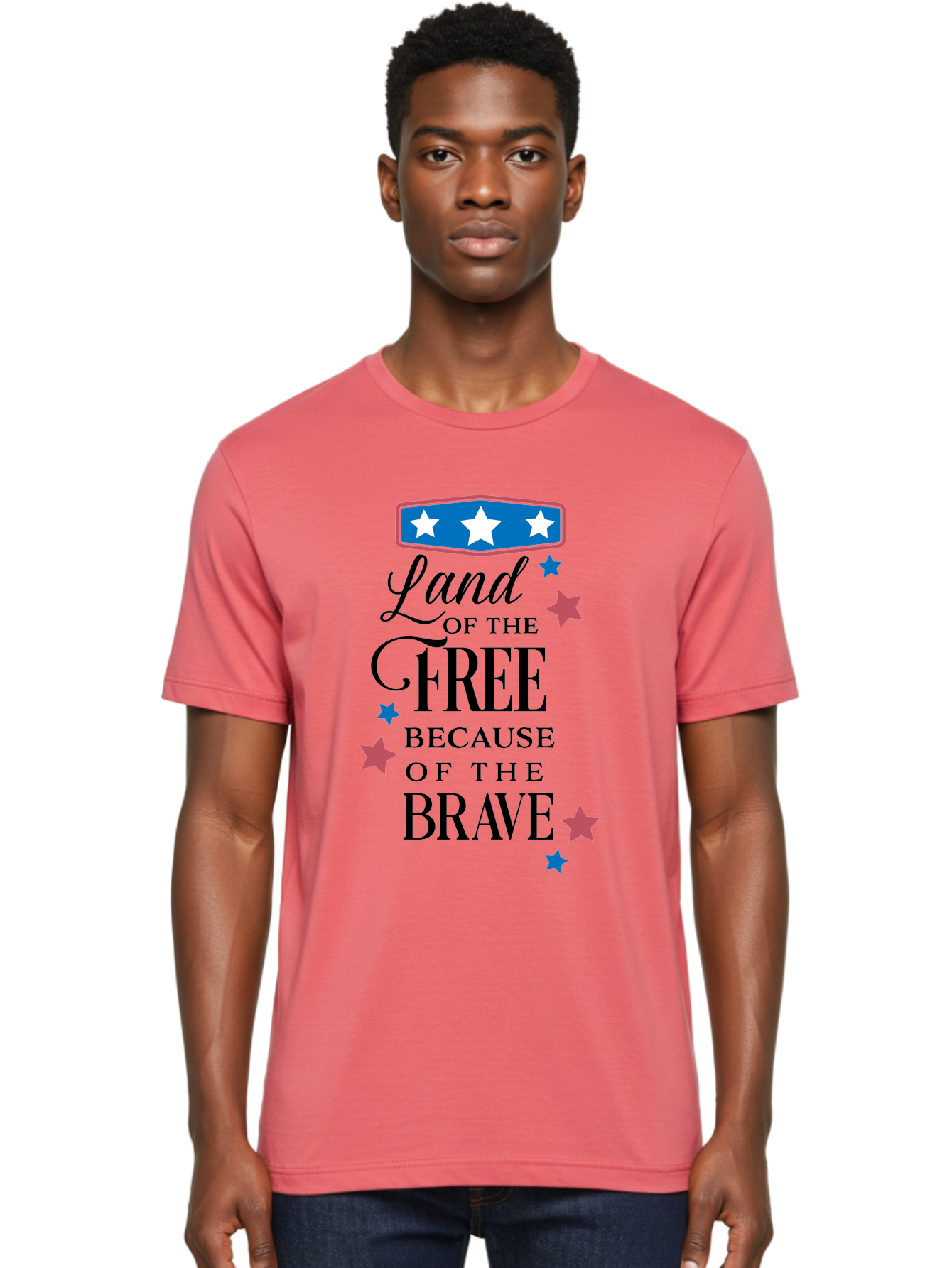 Land-Of-Free-Because-Of-Brave Men'S Graphic Tee, 100% Cotton, Comfortable Casual Summer Wear, Machine Washable, Patriotic Quote, Inspirational Phrase, Red White And Blue Theme, Freedom And Bravery, Stars And Stripes, Usa Pride, Aac924