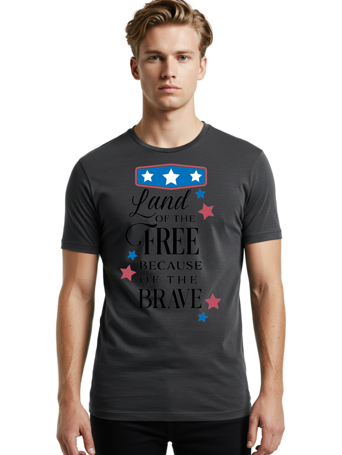 Land-Of-Free-Because-Of-Brave Men'S Graphic Tee, 100% Cotton, Comfortable Casual Summer Wear, Machine Washable, Patriotic Quote, Inspirational Phrase, Red White And Blue Theme, Freedom And Bravery, Stars And Stripes, Usa Pride, Aac924