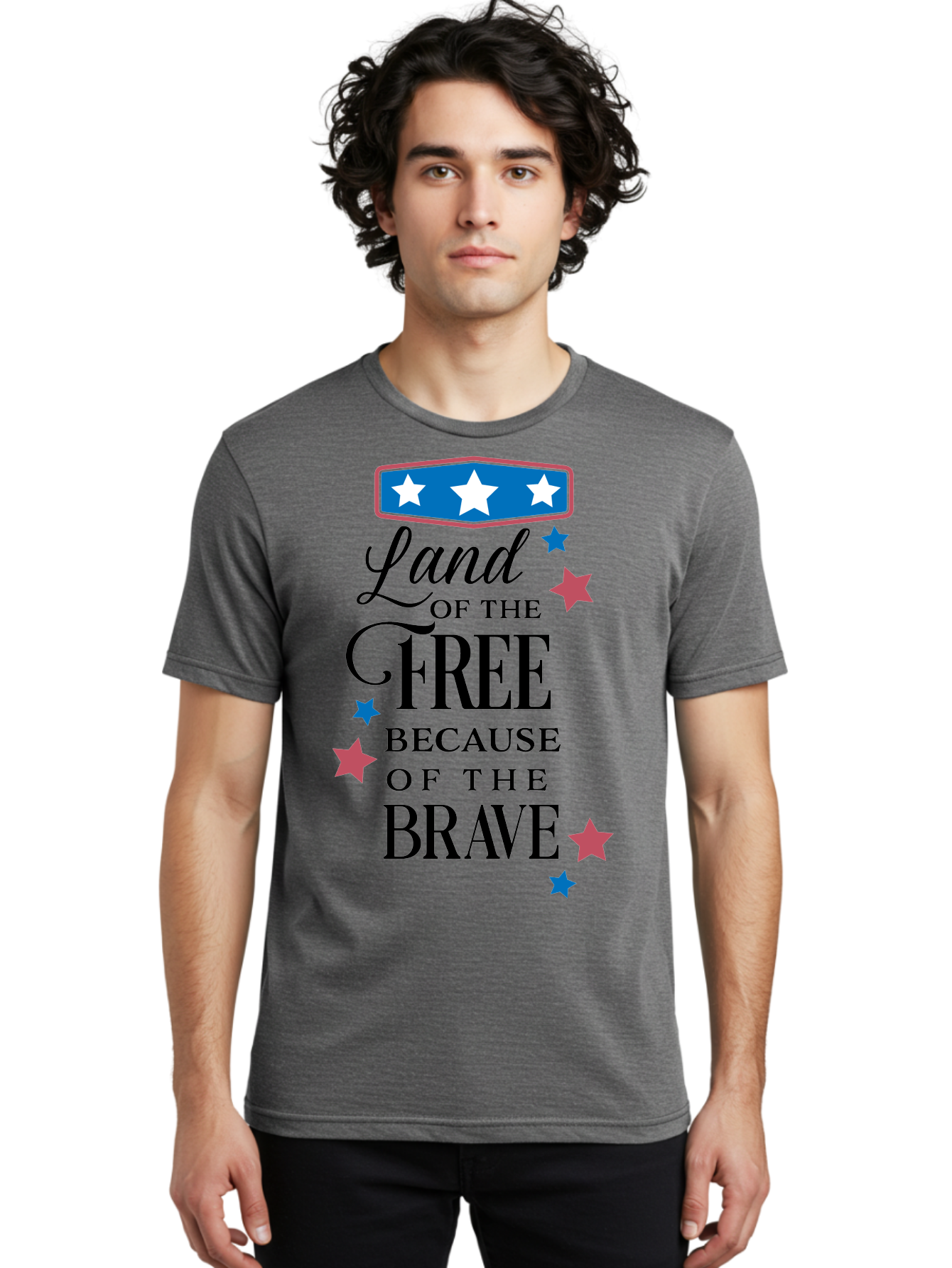 Land-Of-Free-Because-Of-Brave Men'S Graphic Tee, 100% Cotton, Comfortable Casual Summer Wear, Machine Washable, Patriotic Quote, Inspirational Phrase, Red White And Blue Theme, Freedom And Bravery, Stars And Stripes, Usa Pride, Aac924