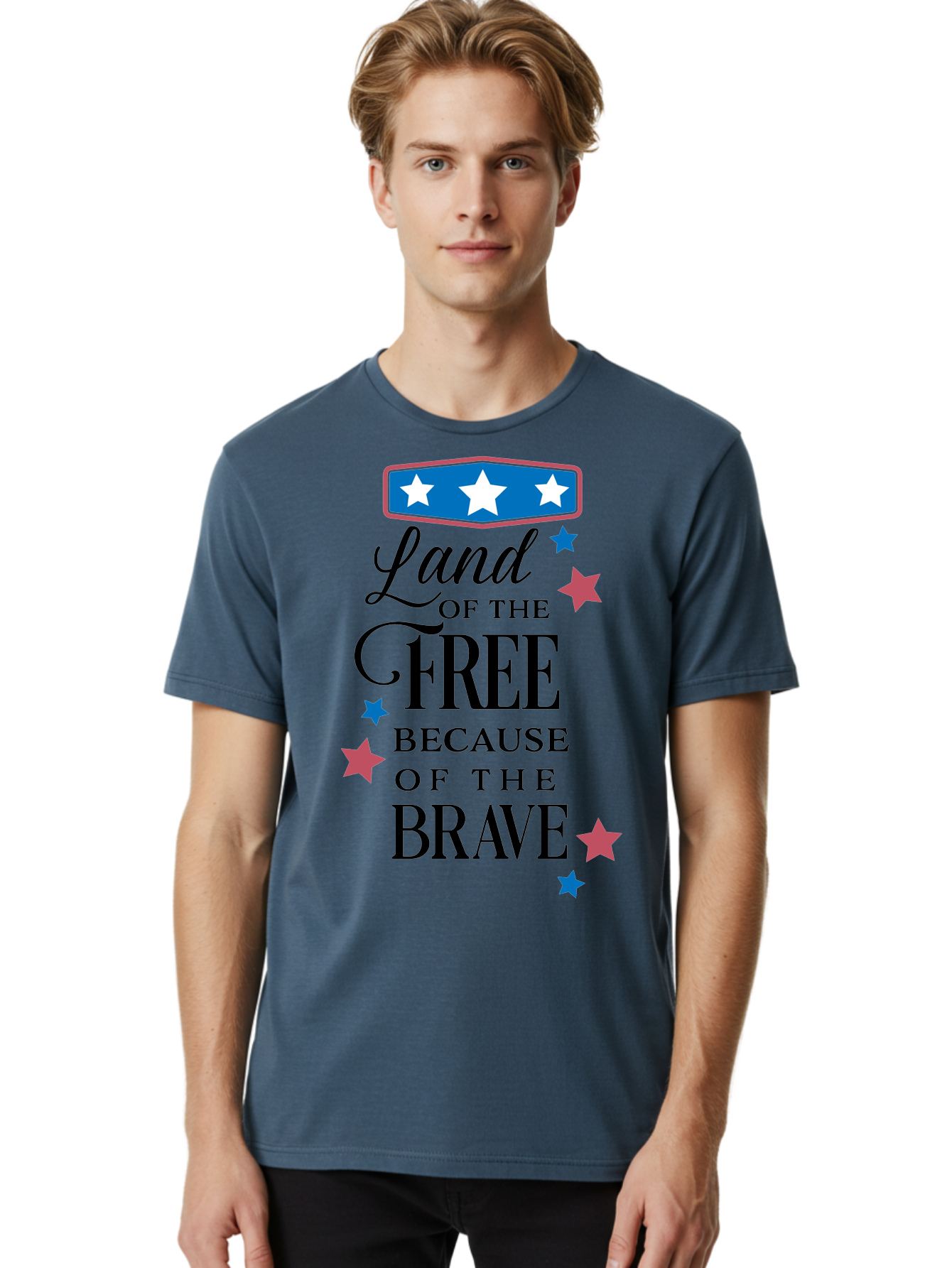 Land-Of-Free-Because-Of-Brave Men'S Graphic Tee, 100% Cotton, Comfortable Casual Summer Wear, Machine Washable, Patriotic Quote, Inspirational Phrase, Red White And Blue Theme, Freedom And Bravery, Stars And Stripes, Usa Pride, Aac924
