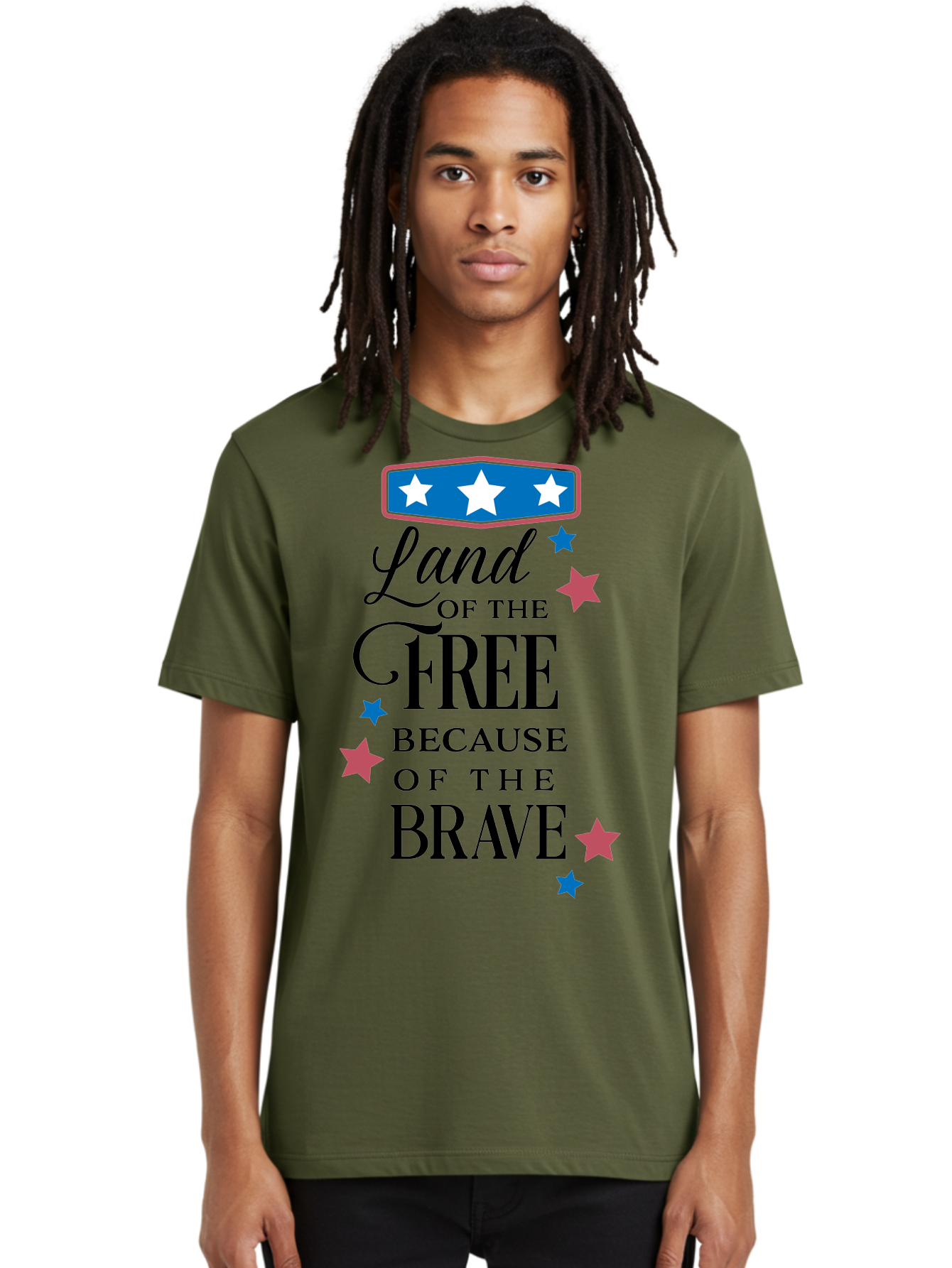 Land-Of-Free-Because-Of-Brave Men'S Graphic Tee, 100% Cotton, Comfortable Casual Summer Wear, Machine Washable, Patriotic Quote, Inspirational Phrase, Red White And Blue Theme, Freedom And Bravery, Stars And Stripes, Usa Pride, Aac924