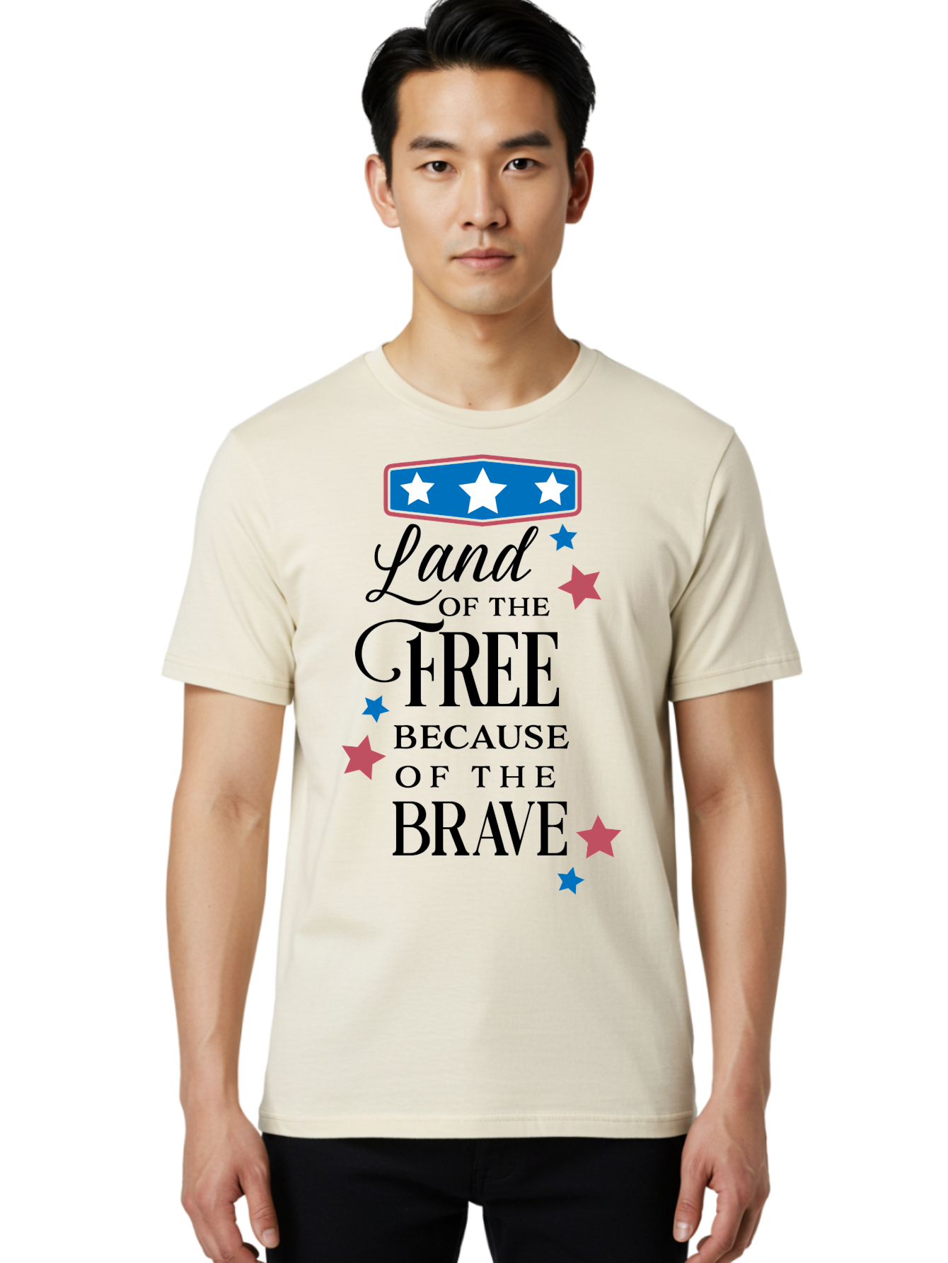 Land-Of-Free-Because-Of-Brave Men'S Graphic Tee, 100% Cotton, Comfortable Casual Summer Wear, Machine Washable, Patriotic Quote, Inspirational Phrase, Red White And Blue Theme, Freedom And Bravery, Stars And Stripes, Usa Pride, Aac924