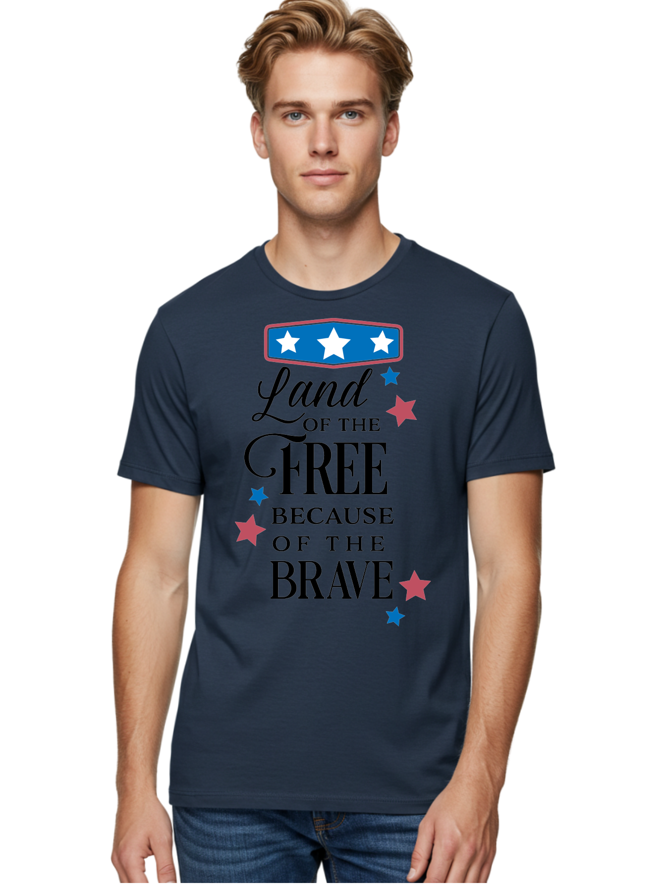 Land-Of-Free-Because-Of-Brave Men'S Graphic Tee, 100% Cotton, Comfortable Casual Summer Wear, Machine Washable, Patriotic Quote, Inspirational Phrase, Red White And Blue Theme, Freedom And Bravery, Stars And Stripes, Usa Pride, Aac924