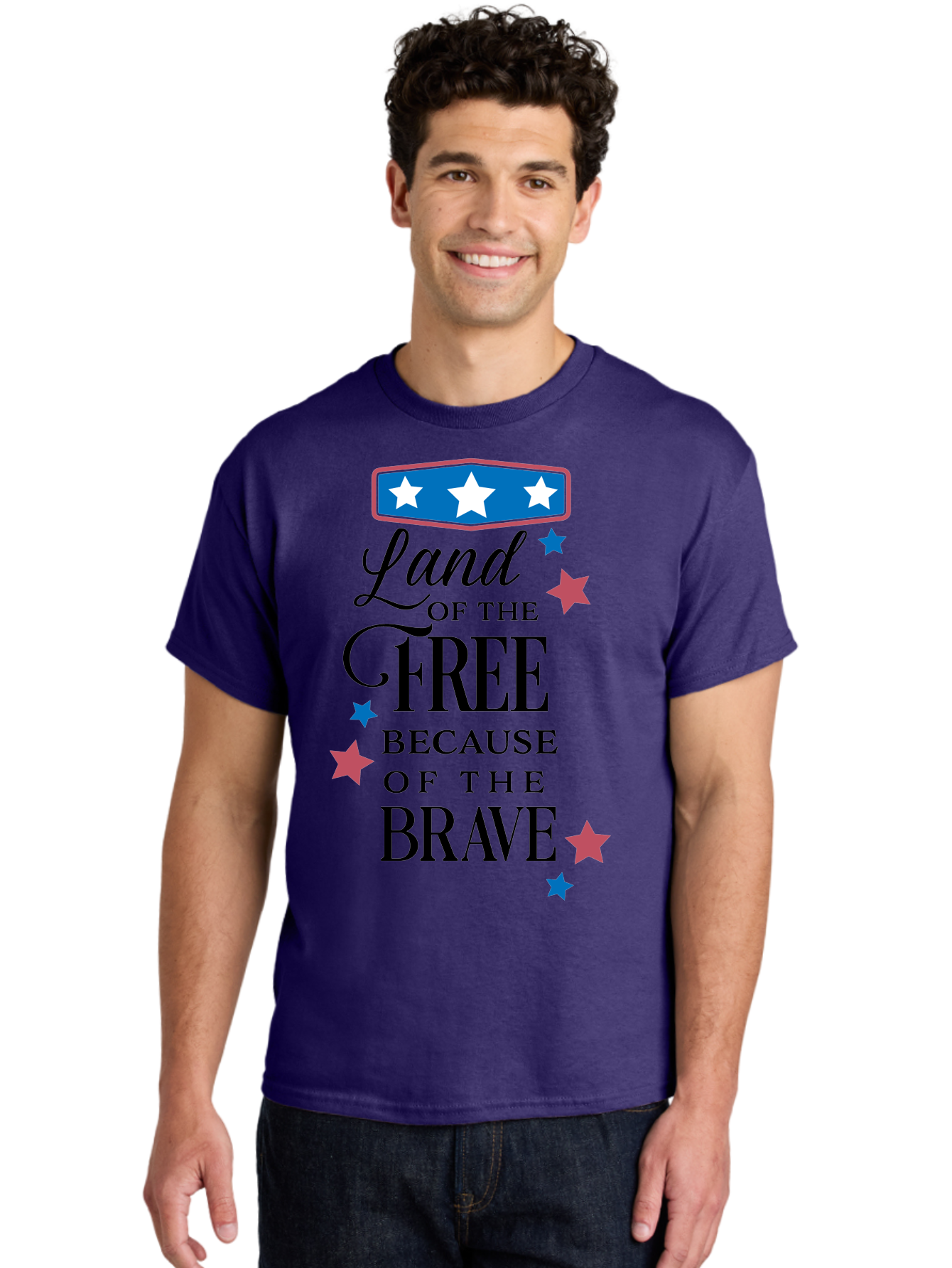 Land-Of-Free-Because-Of-Brave Men'S Graphic Tee, 100% Cotton, Comfortable Casual Summer Wear, Machine Washable, Patriotic Quote, Inspirational Phrase, Red White And Blue Theme, Freedom And Bravery, Stars And Stripes, Usa Pride, Aac924