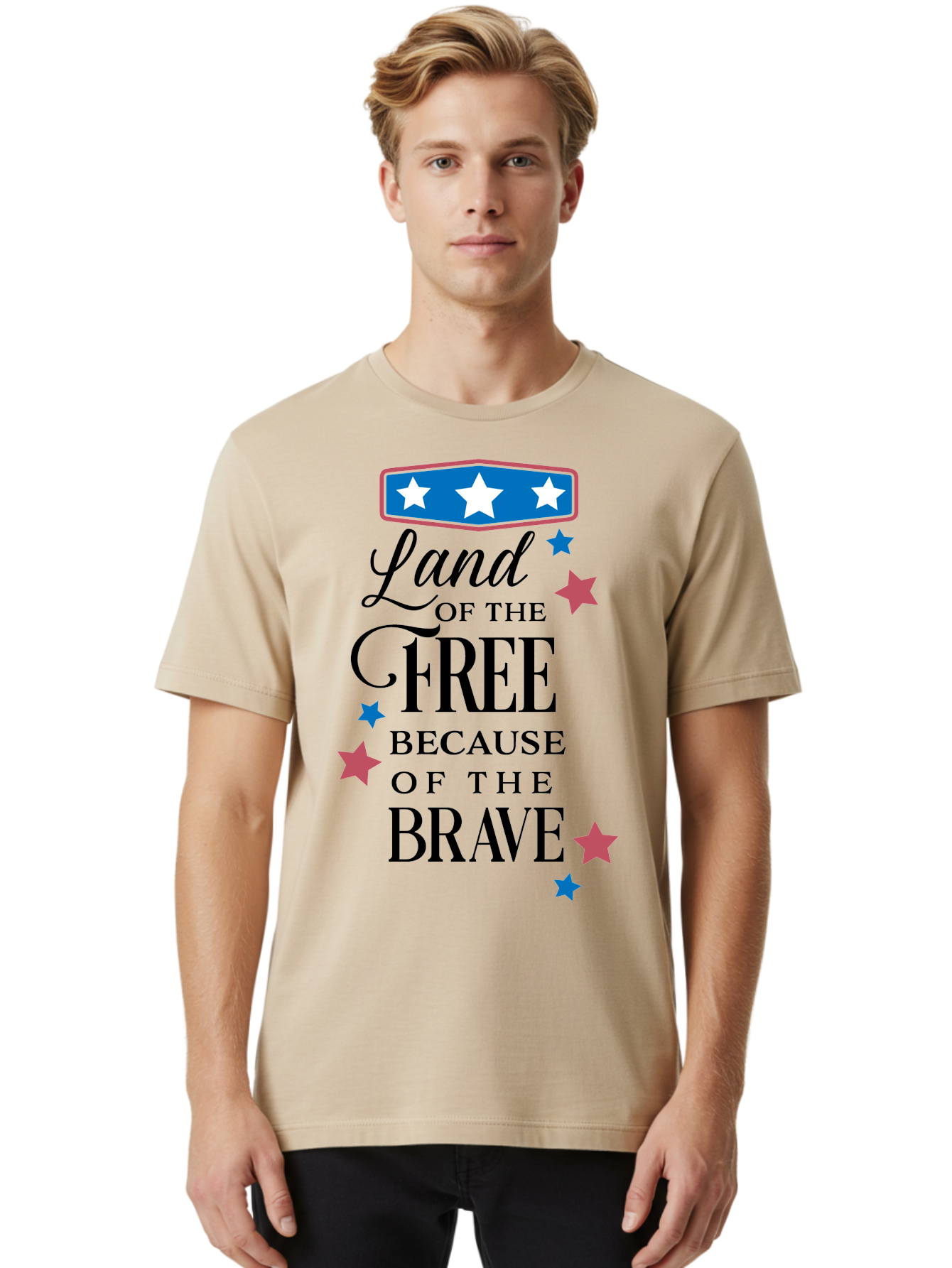 Land-Of-Free-Because-Of-Brave Men'S Graphic Tee, 100% Cotton, Comfortable Casual Summer Wear, Machine Washable, Patriotic Quote, Inspirational Phrase, Red White And Blue Theme, Freedom And Bravery, Stars And Stripes, Usa Pride, Aac924