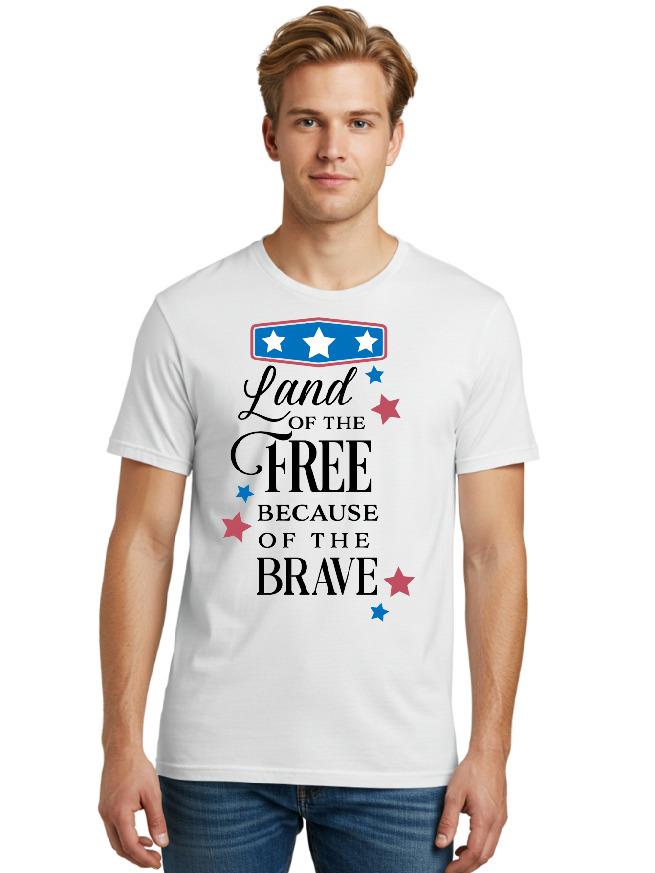 Land-Of-Free-Because-Of-Brave Men'S Graphic Tee, 100% Cotton, Comfortable Casual Summer Wear, Machine Washable, Patriotic Quote, Inspirational Phrase, Red White And Blue Theme, Freedom And Bravery, Stars And Stripes, Usa Pride, Aac924