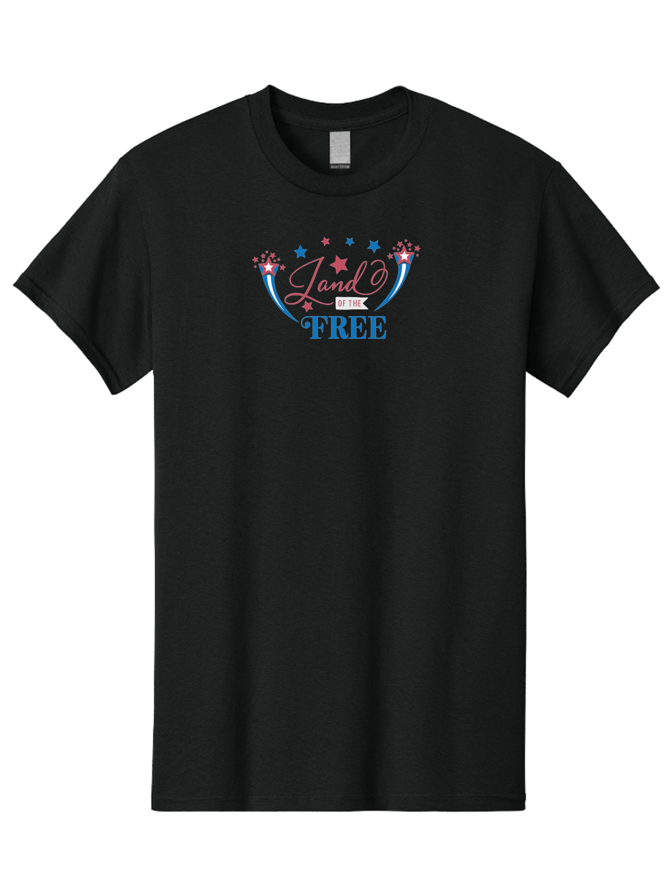 Land-Of-The-Free Men'S Graphic Tee, 100% Cotton, Comfortable Casual Summer Wear, Machine Washable, Patriotic Graphic, Red White And Blue Colors, Starry Design Elements, Freedom Phrase, Liberty Symbol, Cursive Font, Banner Style, Aac925