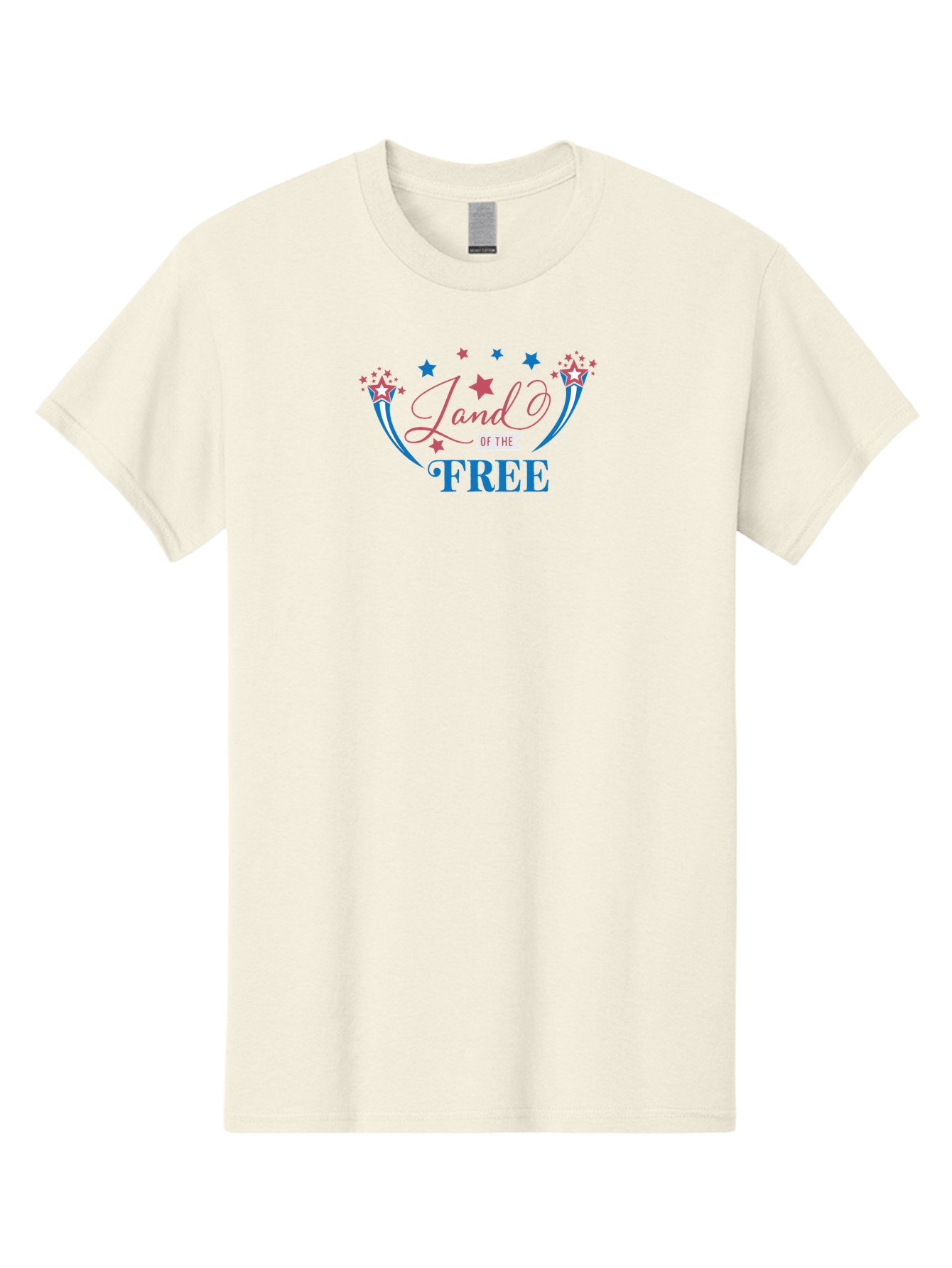 Land-Of-The-Free Men'S Graphic Tee, 100% Cotton, Comfortable Casual Summer Wear, Machine Washable, Patriotic Graphic, Red White And Blue Colors, Starry Design Elements, Freedom Phrase, Liberty Symbol, Cursive Font, Banner Style, Aac925
