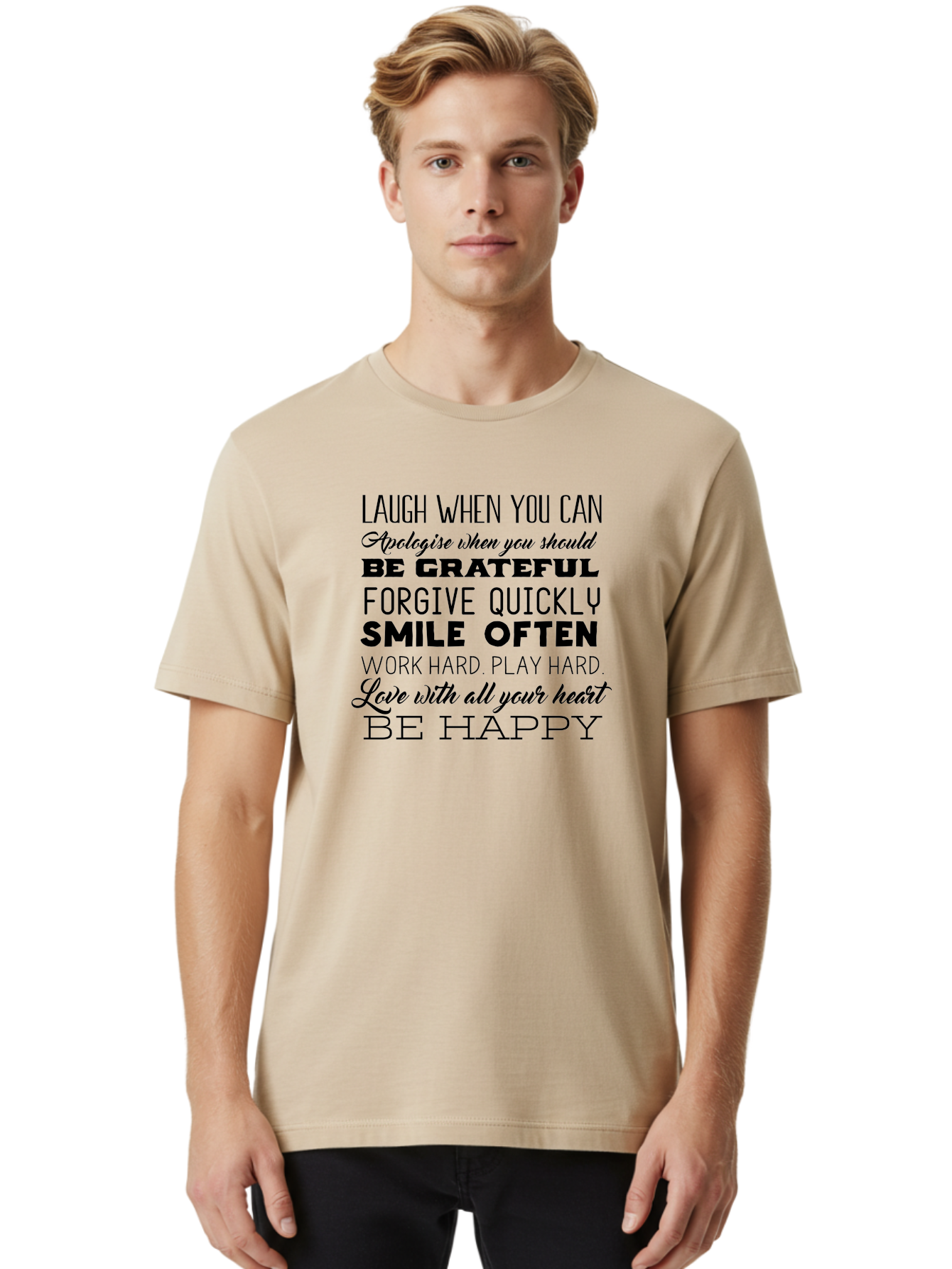 Laugh-When-You-Can Men'S Graphic Tee, 100% Cotton, Comfortable Casual Summer Wear, Machine Washable, Inspirational Quotes, Motivational Messages, Positive Affirmations, Happiness, Gratitude, Forgiveness, Smiling, Hard Work, Love Aac926