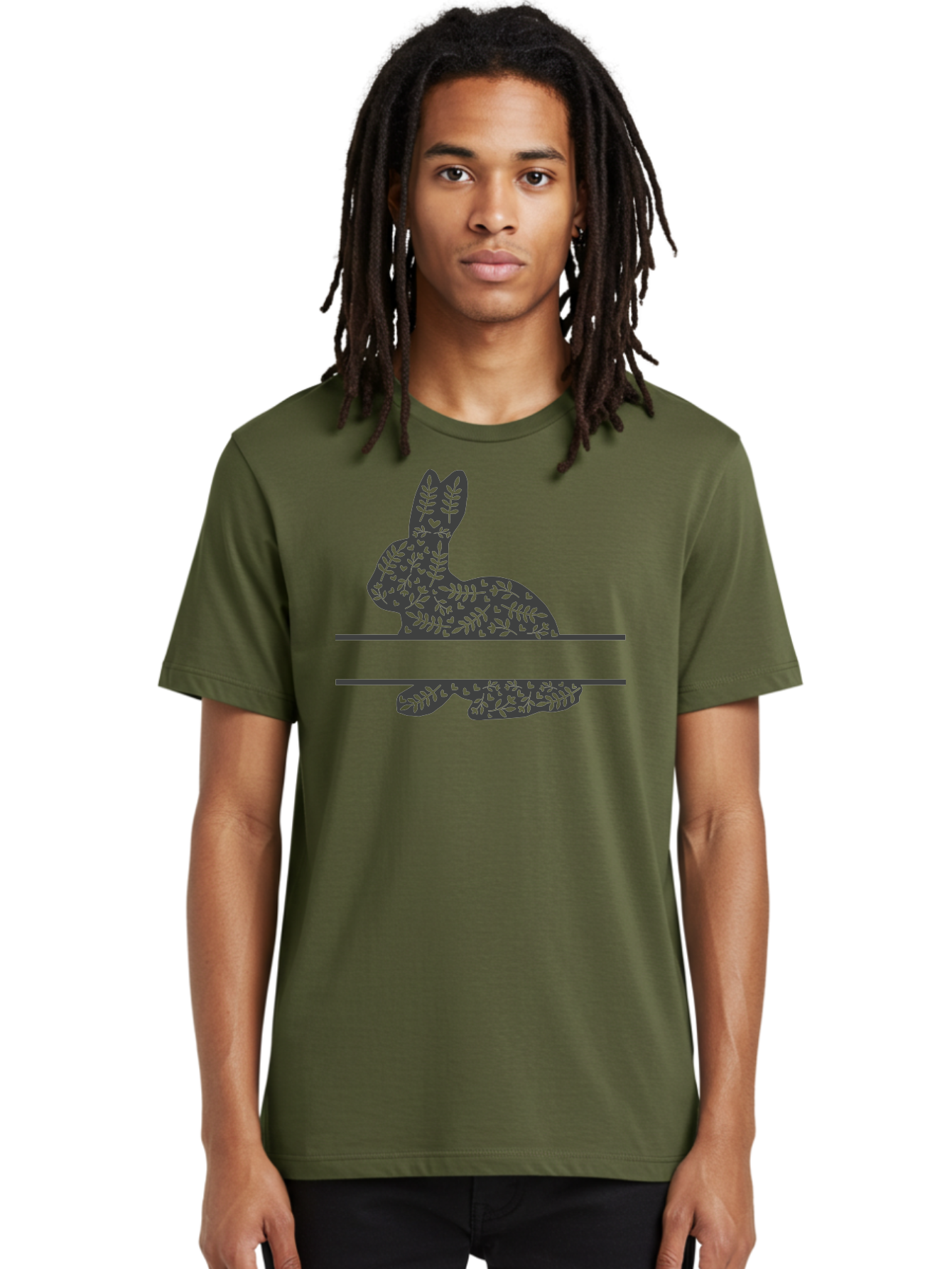 Leafy-Bunny Men'S Graphic Tee, 100% Cotton, Comfortable Casual Summer Wear, Machine Washable, Rabbit Silhouette, Fern Patterns, Leafy Design, Nature-Inspired Art, Botanical Illustration, Whimsical Graphics, Easter Theme Aac929