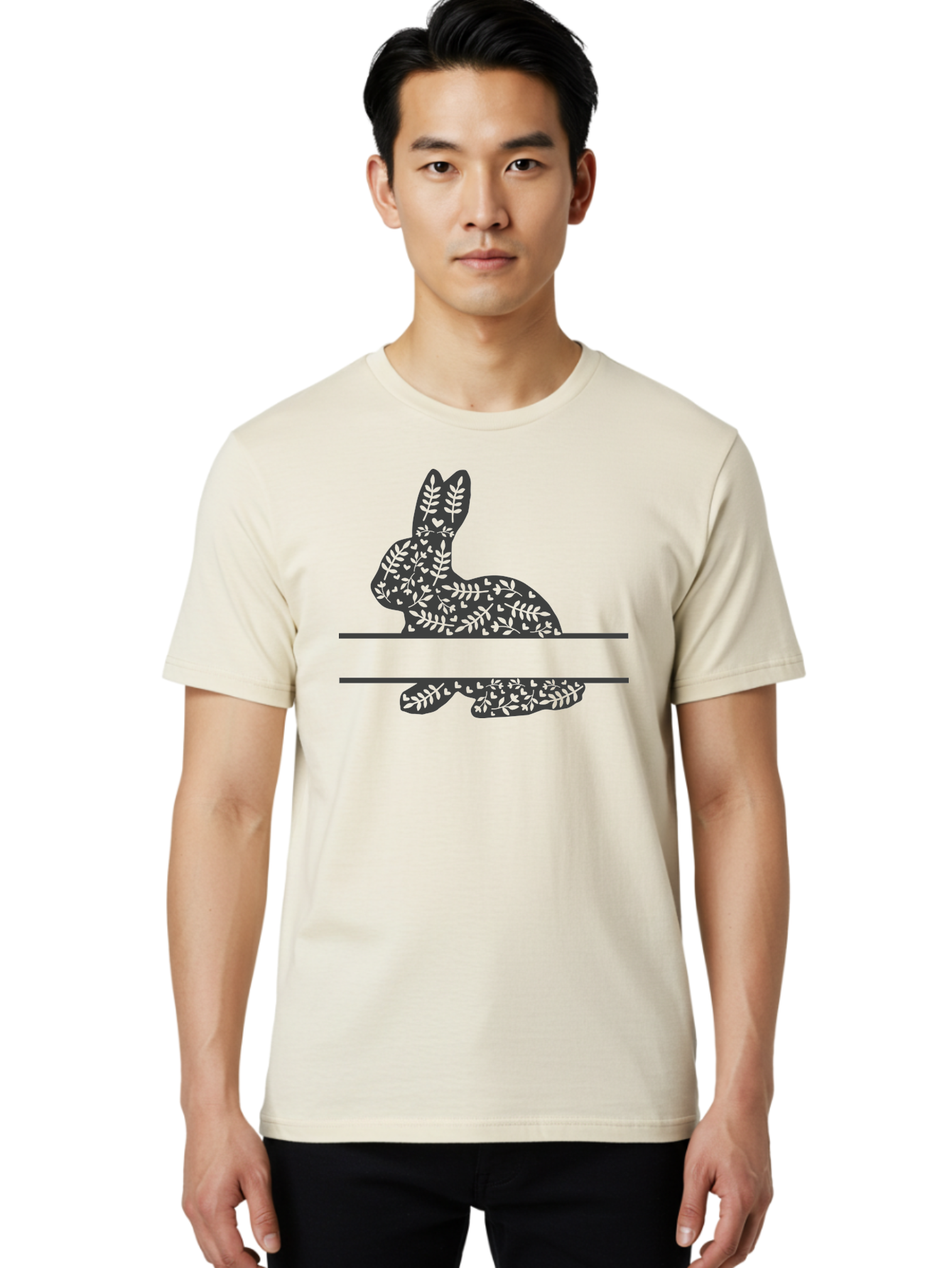 Leafy-Bunny Men'S Graphic Tee, 100% Cotton, Comfortable Casual Summer Wear, Machine Washable, Rabbit Silhouette, Fern Patterns, Leafy Design, Nature-Inspired Art, Botanical Illustration, Whimsical Graphics, Easter Theme Aac929