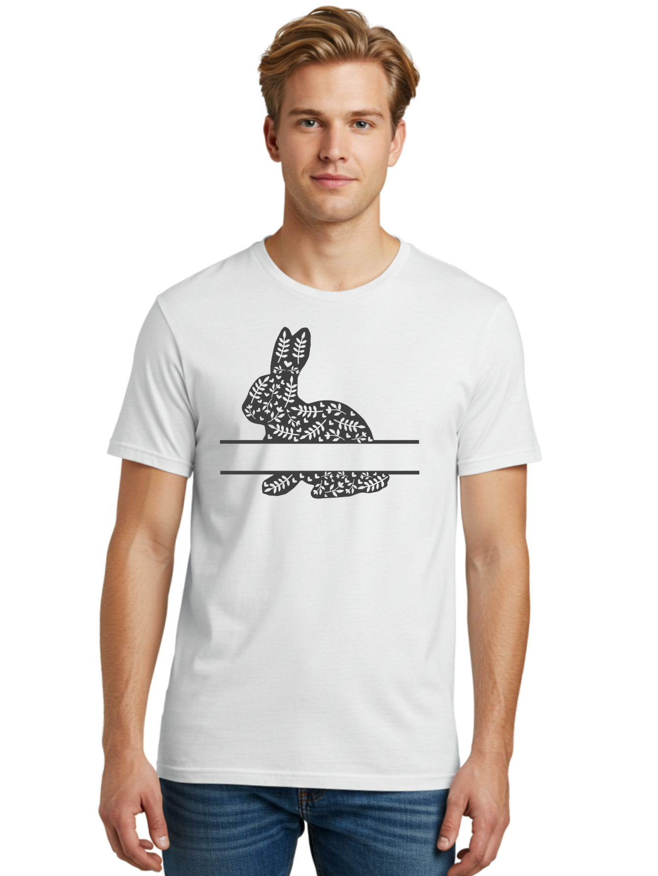 Leafy-Bunny Men'S Graphic Tee, 100% Cotton, Comfortable Casual Summer Wear, Machine Washable, Rabbit Silhouette, Fern Patterns, Leafy Design, Nature-Inspired Art, Botanical Illustration, Whimsical Graphics, Easter Theme Aac929