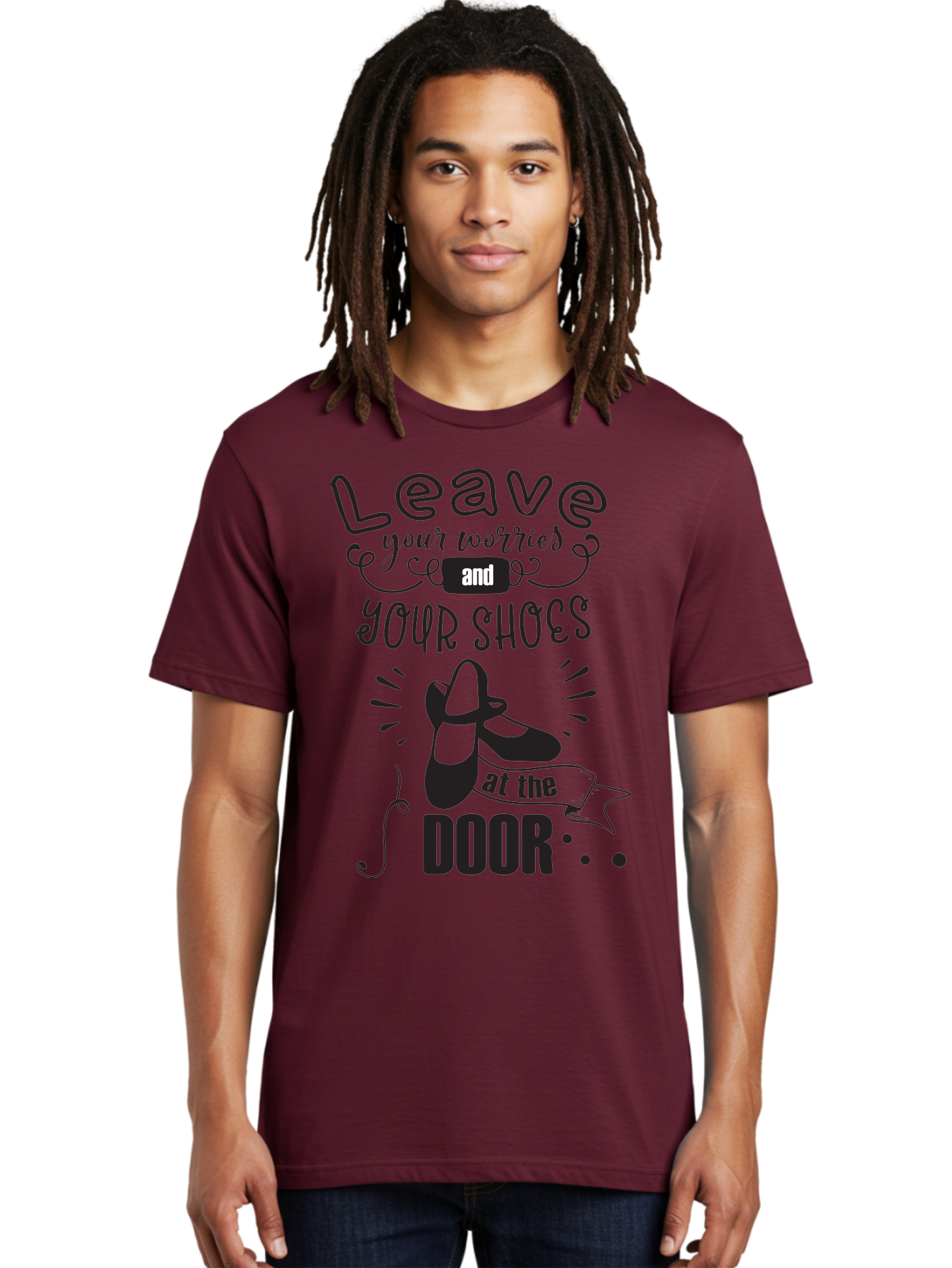 Leave-Your-Worries-And-Your-Shoes-At-The-Door Men'S Graphic Tee, 100% Cotton, Comfortable Casual Summer Wear, Machine Washable, Relaxation Techniques, Stress Relief, Mindfulness, Calm Atmosphere, Inspirational Quotes, Dance Shoes, Welcome Sign Aac931