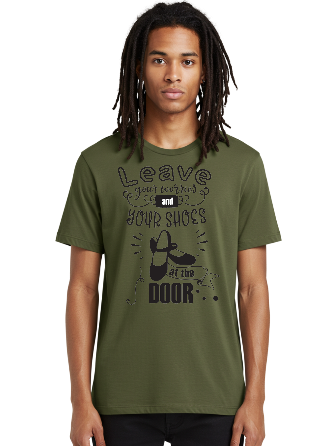 Leave-Your-Worries-And-Your-Shoes-At-The-Door Men'S Graphic Tee, 100% Cotton, Comfortable Casual Summer Wear, Machine Washable, Relaxation Techniques, Stress Relief, Mindfulness, Calm Atmosphere, Inspirational Quotes, Dance Shoes, Welcome Sign Aac931
