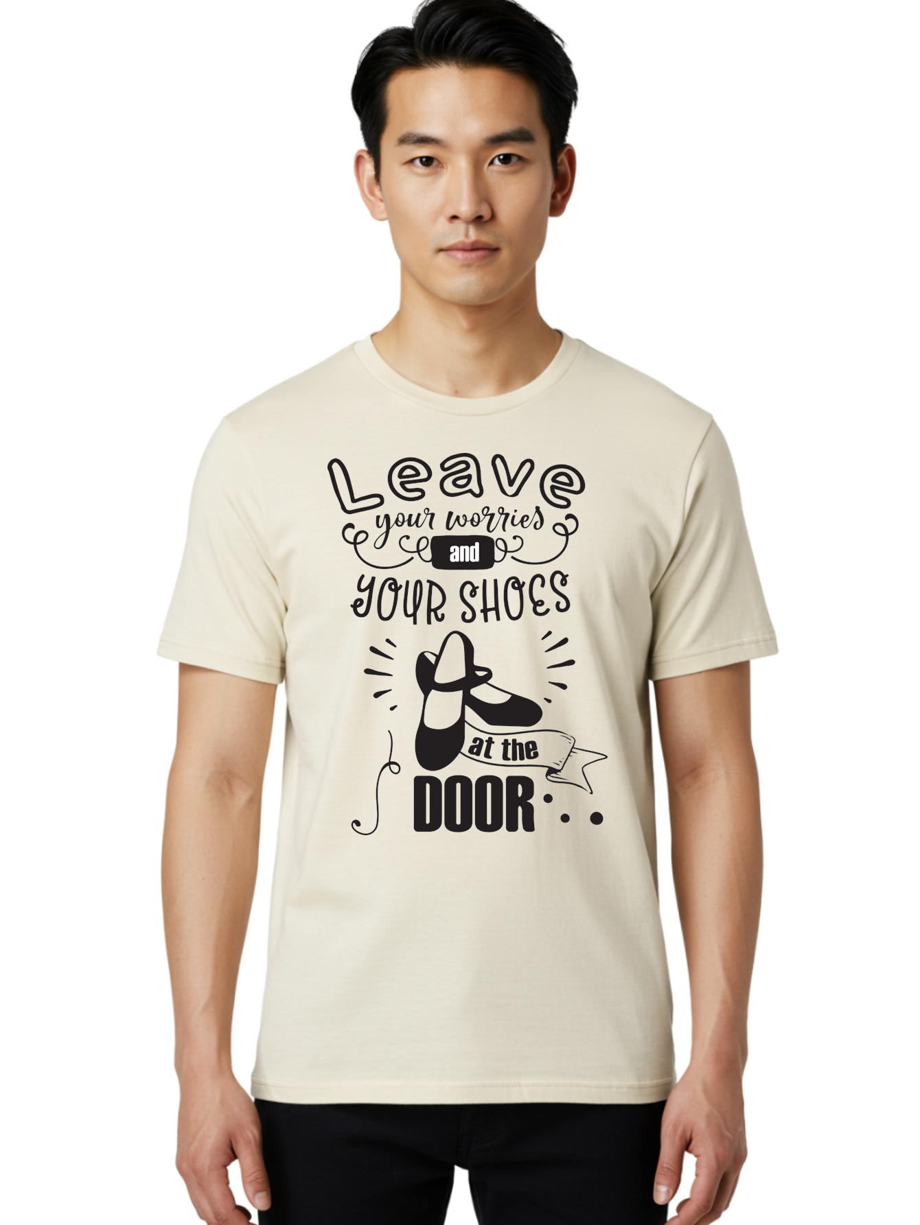 Leave-Your-Worries-And-Your-Shoes-At-The-Door Men'S Graphic Tee, 100% Cotton, Comfortable Casual Summer Wear, Machine Washable, Relaxation Techniques, Stress Relief, Mindfulness, Calm Atmosphere, Inspirational Quotes, Dance Shoes, Welcome Sign Aac931
