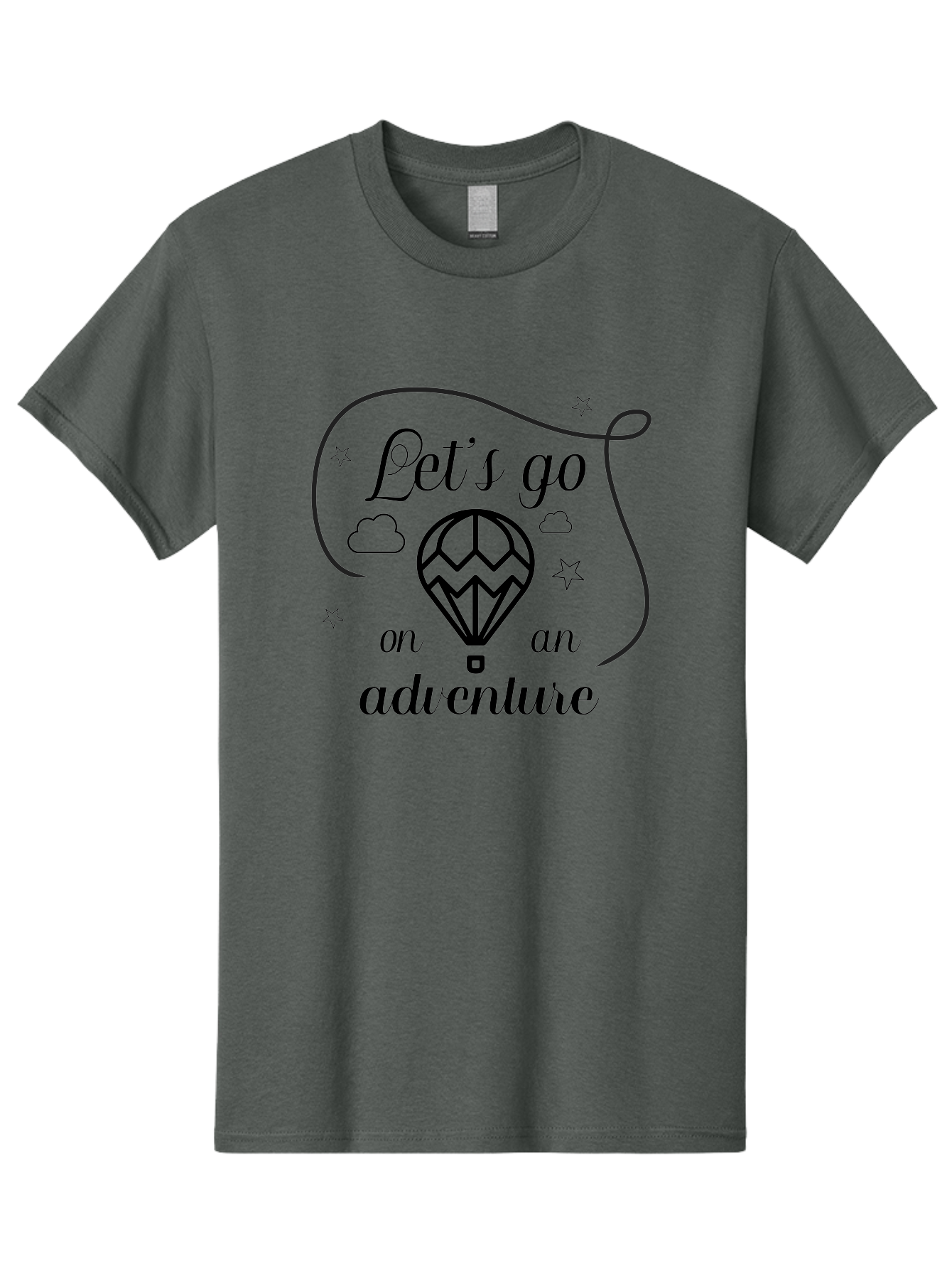 Let-S-Go-On-Adventure Men'S Graphic Tee, 100% Cotton, Comfortable Casual Summer Wear, Machine Washable, Hot Air Balloon, Adventure Travel, Inspirational Quote, Motivational Phrase, Let'S Go On Adventure, Whimsical Design, Stars, Clouds Aac935