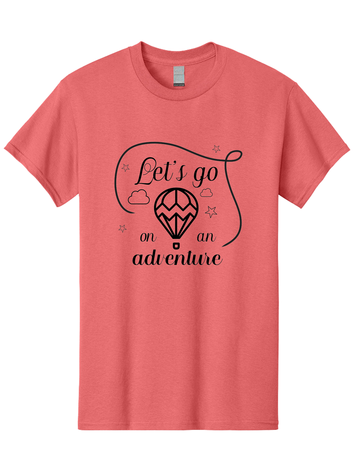 Let-S-Go-On-Adventure Men'S Graphic Tee, 100% Cotton, Comfortable Casual Summer Wear, Machine Washable, Hot Air Balloon, Adventure Travel, Inspirational Quote, Motivational Phrase, Let'S Go On Adventure, Whimsical Design, Stars, Clouds Aac935