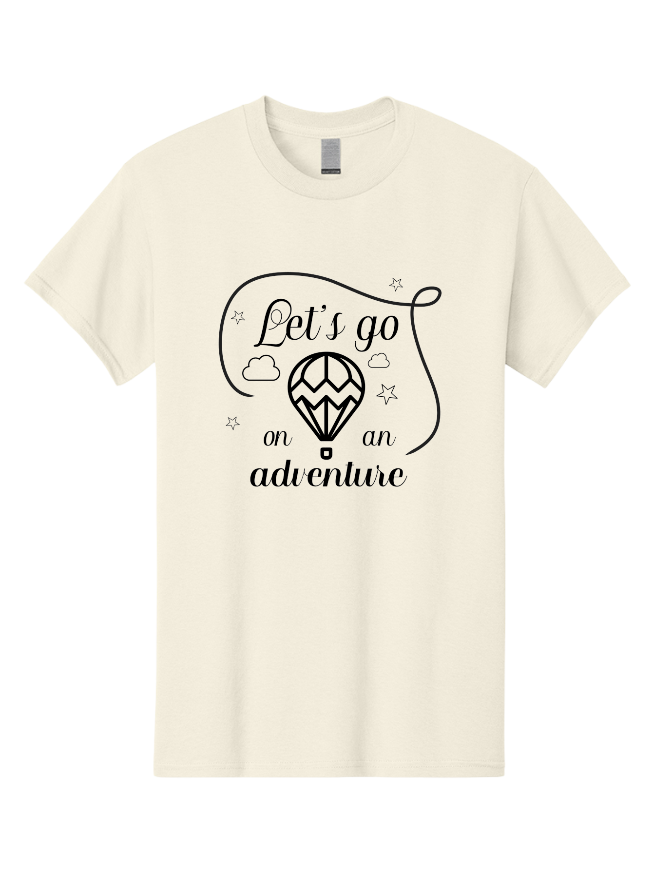 Let-S-Go-On-Adventure Men'S Graphic Tee, 100% Cotton, Comfortable Casual Summer Wear, Machine Washable, Hot Air Balloon, Adventure Travel, Inspirational Quote, Motivational Phrase, Let'S Go On Adventure, Whimsical Design, Stars, Clouds Aac935