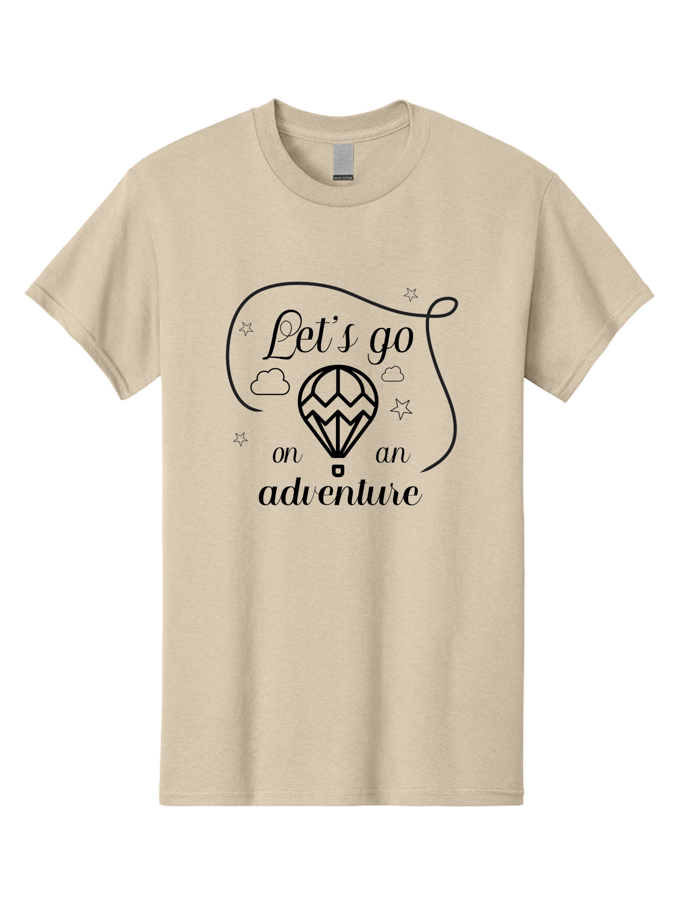 Let-S-Go-On-Adventure Men'S Graphic Tee, 100% Cotton, Comfortable Casual Summer Wear, Machine Washable, Hot Air Balloon, Adventure Travel, Inspirational Quote, Motivational Phrase, Let'S Go On Adventure, Whimsical Design, Stars, Clouds Aac935