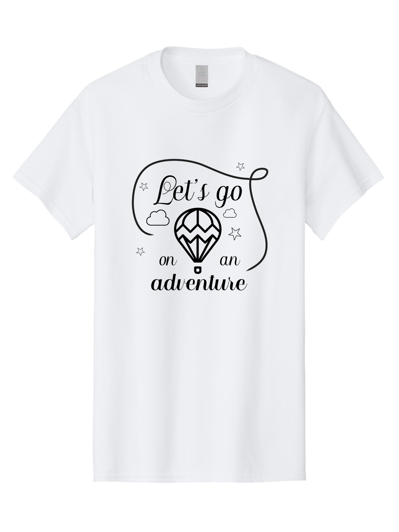 Let-S-Go-On-Adventure Men'S Graphic Tee, 100% Cotton, Comfortable Casual Summer Wear, Machine Washable, Hot Air Balloon, Adventure Travel, Inspirational Quote, Motivational Phrase, Let'S Go On Adventure, Whimsical Design, Stars, Clouds Aac935