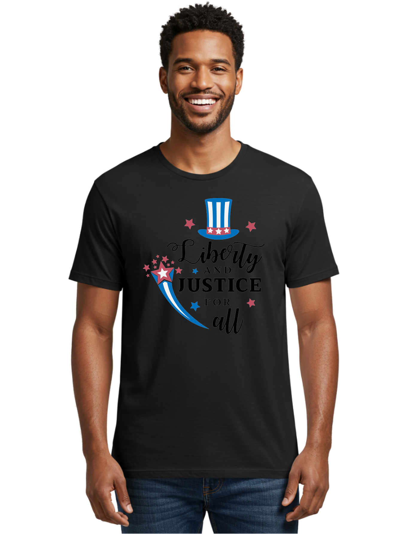 Liberty-And-Justice-For-All Men'S Graphic Tee, 100% Cotton, Comfortable Casual Summer Wear, Machine Washable, Liberty, Justice For All, Patriotic Theme, American Values, Freedom, Equality, Stars And Stripes, 4Th Of July, Independence Day, Aac939