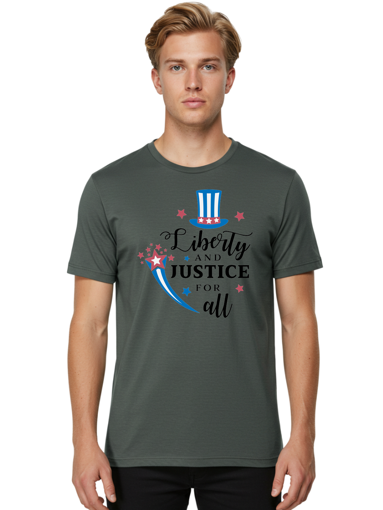 Liberty-And-Justice-For-All Men'S Graphic Tee, 100% Cotton, Comfortable Casual Summer Wear, Machine Washable, Liberty, Justice For All, Patriotic Theme, American Values, Freedom, Equality, Stars And Stripes, 4Th Of July, Independence Day, Aac939