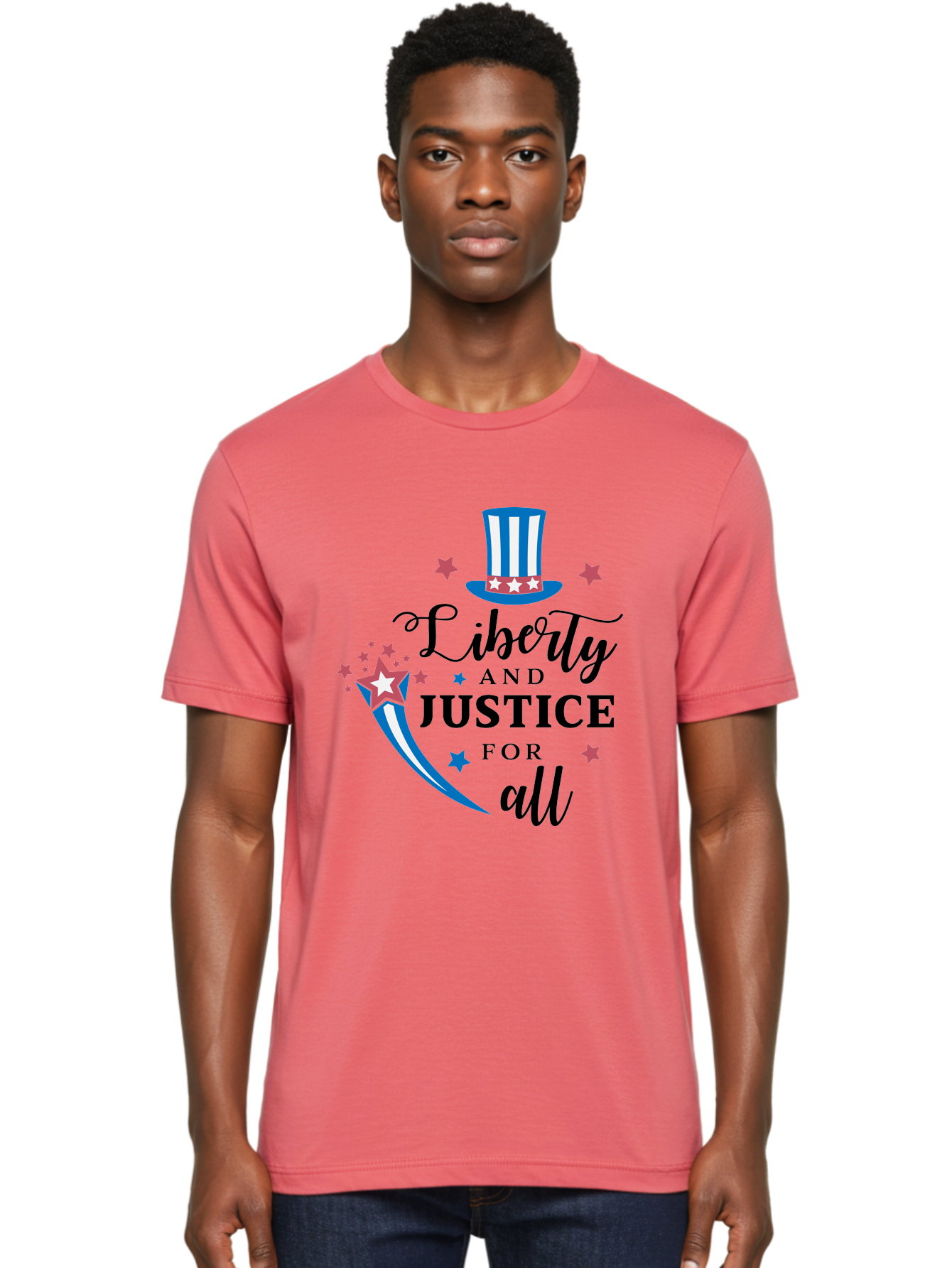 Liberty-And-Justice-For-All Men'S Graphic Tee, 100% Cotton, Comfortable Casual Summer Wear, Machine Washable, Liberty, Justice For All, Patriotic Theme, American Values, Freedom, Equality, Stars And Stripes, 4Th Of July, Independence Day, Aac939
