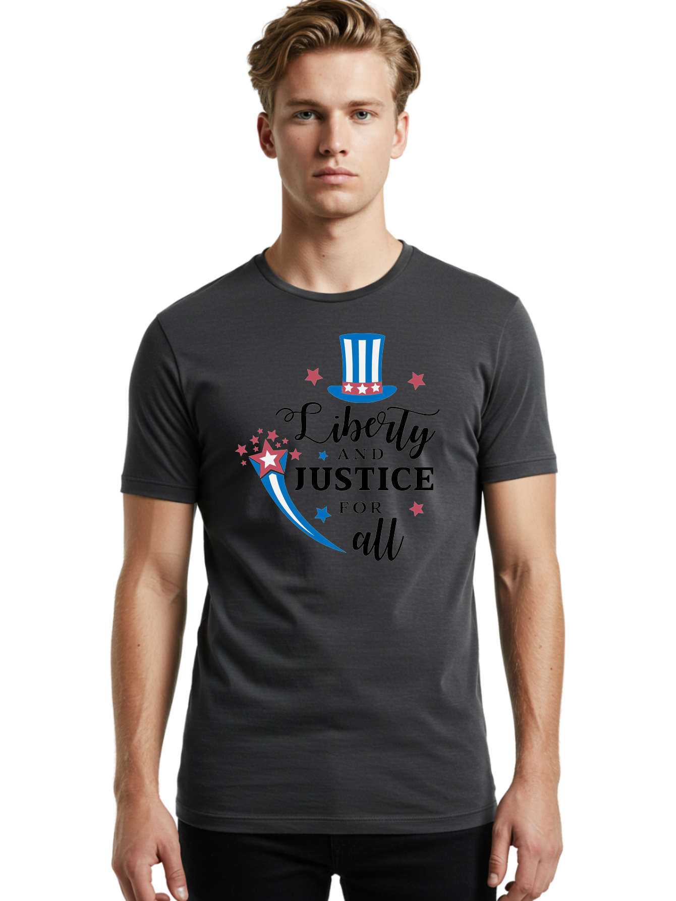 Liberty-And-Justice-For-All Men'S Graphic Tee, 100% Cotton, Comfortable Casual Summer Wear, Machine Washable, Liberty, Justice For All, Patriotic Theme, American Values, Freedom, Equality, Stars And Stripes, 4Th Of July, Independence Day, Aac939
