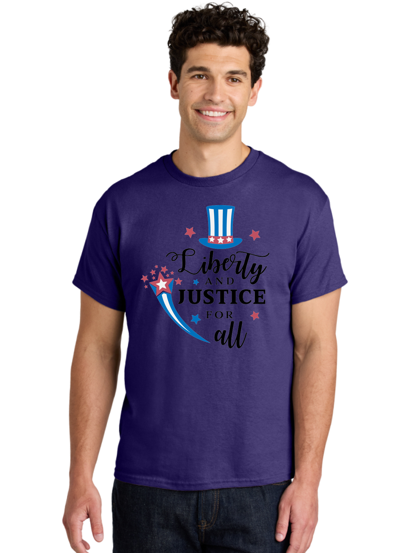 Liberty-And-Justice-For-All Men'S Graphic Tee, 100% Cotton, Comfortable Casual Summer Wear, Machine Washable, Liberty, Justice For All, Patriotic Theme, American Values, Freedom, Equality, Stars And Stripes, 4Th Of July, Independence Day, Aac939