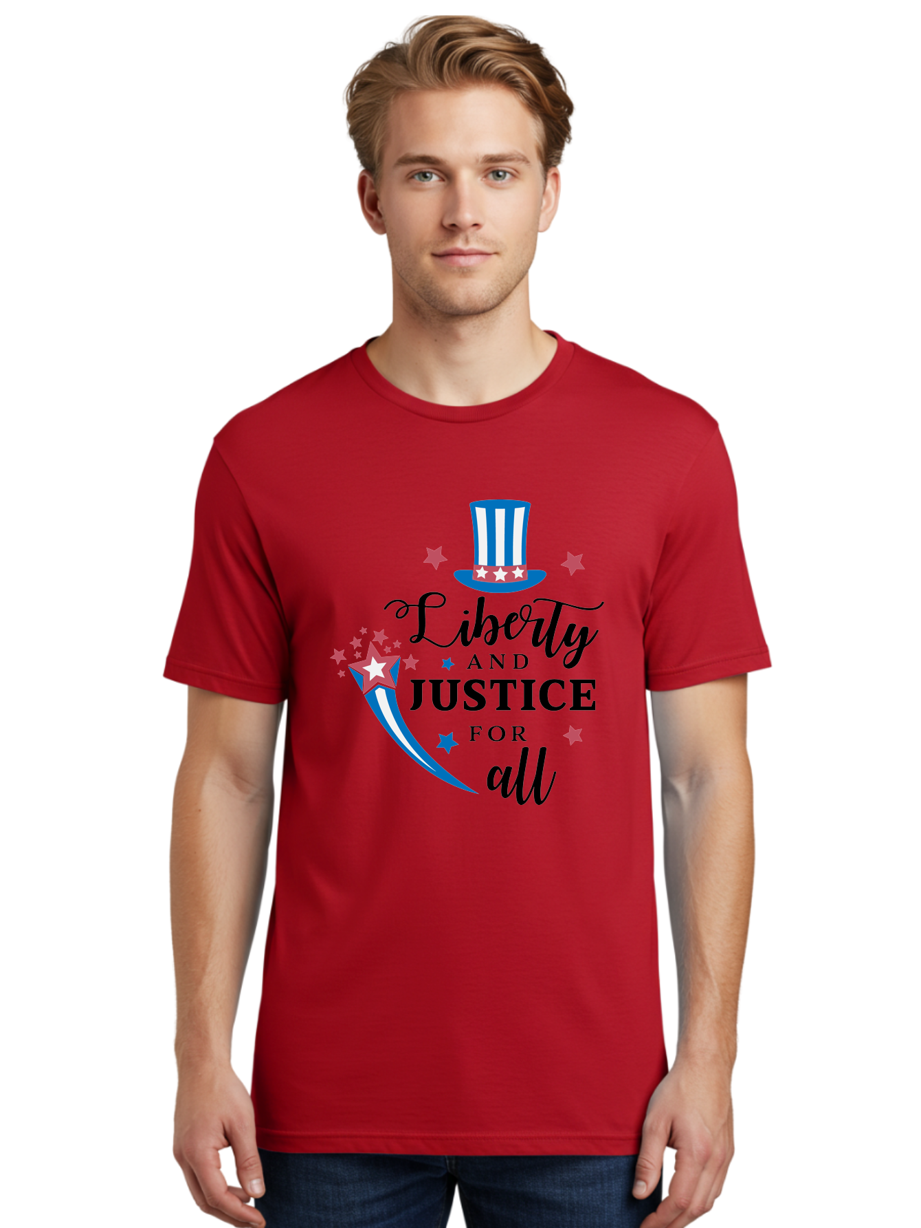 Liberty-And-Justice-For-All Men'S Graphic Tee, 100% Cotton, Comfortable Casual Summer Wear, Machine Washable, Liberty, Justice For All, Patriotic Theme, American Values, Freedom, Equality, Stars And Stripes, 4Th Of July, Independence Day, Aac939
