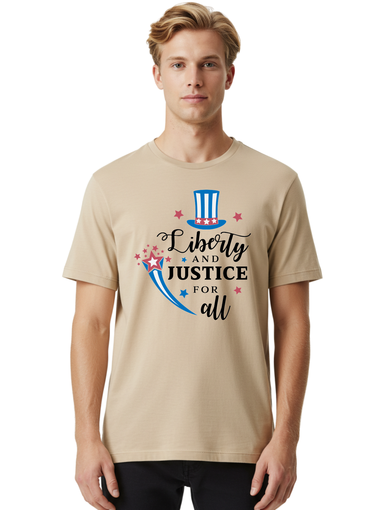 Liberty-And-Justice-For-All Men'S Graphic Tee, 100% Cotton, Comfortable Casual Summer Wear, Machine Washable, Liberty, Justice For All, Patriotic Theme, American Values, Freedom, Equality, Stars And Stripes, 4Th Of July, Independence Day, Aac939