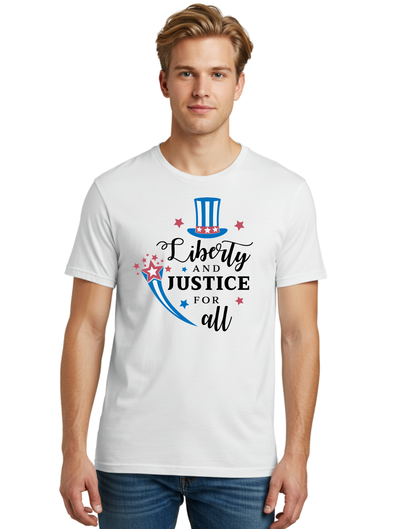 Liberty-And-Justice-For-All Men'S Graphic Tee, 100% Cotton, Comfortable Casual Summer Wear, Machine Washable, Liberty, Justice For All, Patriotic Theme, American Values, Freedom, Equality, Stars And Stripes, 4Th Of July, Independence Day, Aac939
