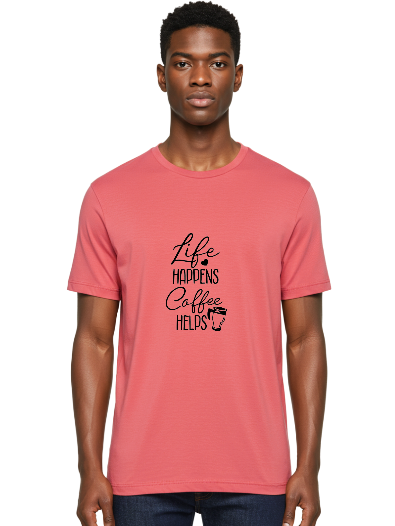 Life-Happens-Coffee-Helps-1 Men'S Graphic Tee, 100% Cotton, Comfortable Casual Summer Wear, Machine Washable, Coffee Lover Quote, Coffee Mug Graphic, Motivational Phrase, Black Typography, Coffee Culture, Daily Motivation, Coffee Inspiration, Aac941