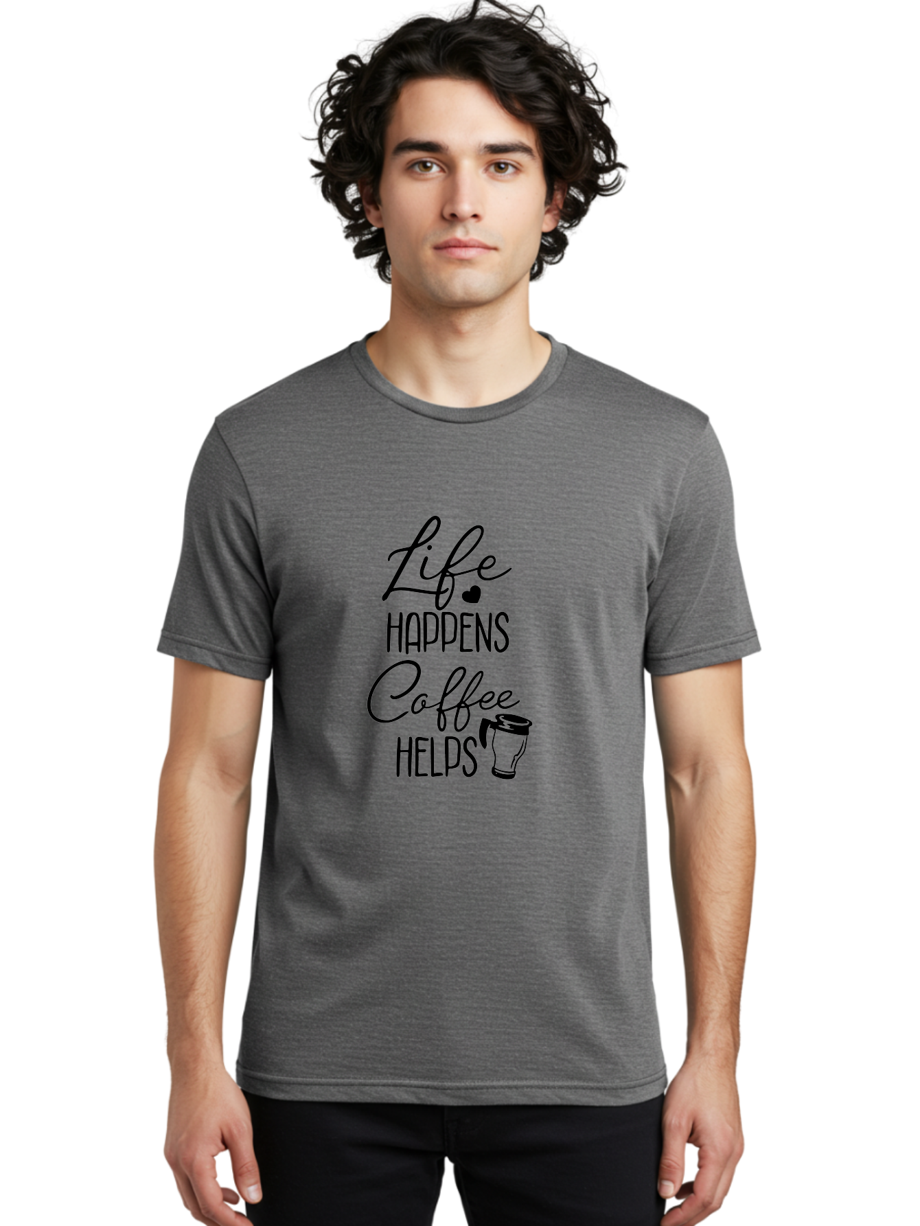 Life-Happens-Coffee-Helps-1 Men'S Graphic Tee, 100% Cotton, Comfortable Casual Summer Wear, Machine Washable, Coffee Lover Quote, Coffee Mug Graphic, Motivational Phrase, Black Typography, Coffee Culture, Daily Motivation, Coffee Inspiration, Aac941