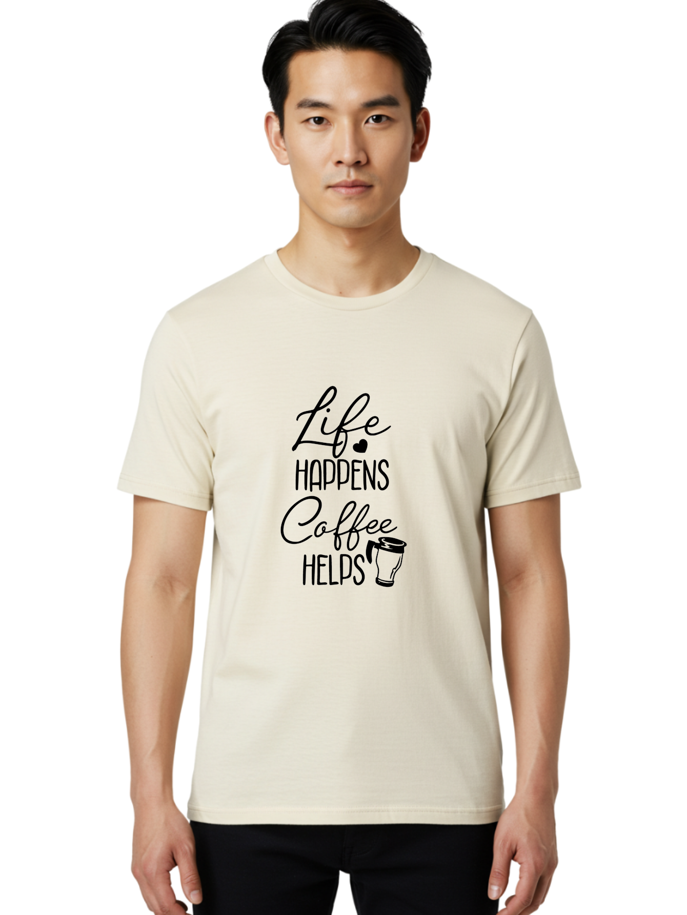 Life-Happens-Coffee-Helps-1 Men'S Graphic Tee, 100% Cotton, Comfortable Casual Summer Wear, Machine Washable, Coffee Lover Quote, Coffee Mug Graphic, Motivational Phrase, Black Typography, Coffee Culture, Daily Motivation, Coffee Inspiration, Aac941
