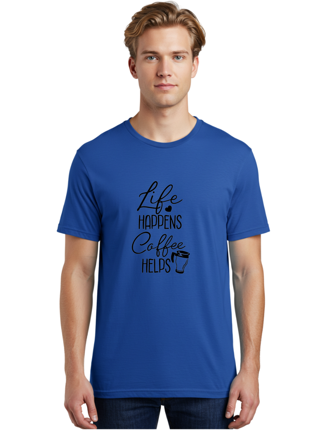 Life-Happens-Coffee-Helps-1 Men'S Graphic Tee, 100% Cotton, Comfortable Casual Summer Wear, Machine Washable, Coffee Lover Quote, Coffee Mug Graphic, Motivational Phrase, Black Typography, Coffee Culture, Daily Motivation, Coffee Inspiration, Aac941