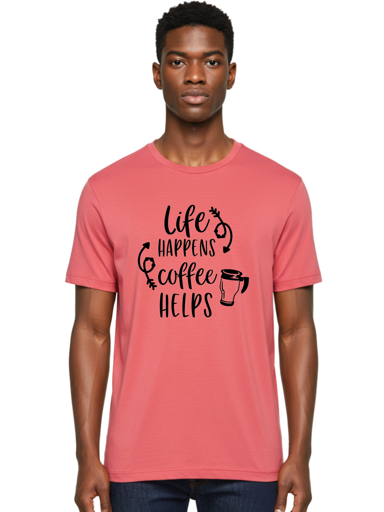 Life-Happens-Coffee-Helps Men'S Graphic Tee, 100% Cotton, Comfortable Casual Summer Wear, Machine Washable, Coffee Quote, Morning Motivation, Coffee Lover, Coffee Break, Daily Grind, Coffee Culture, Funny Quote Aac942