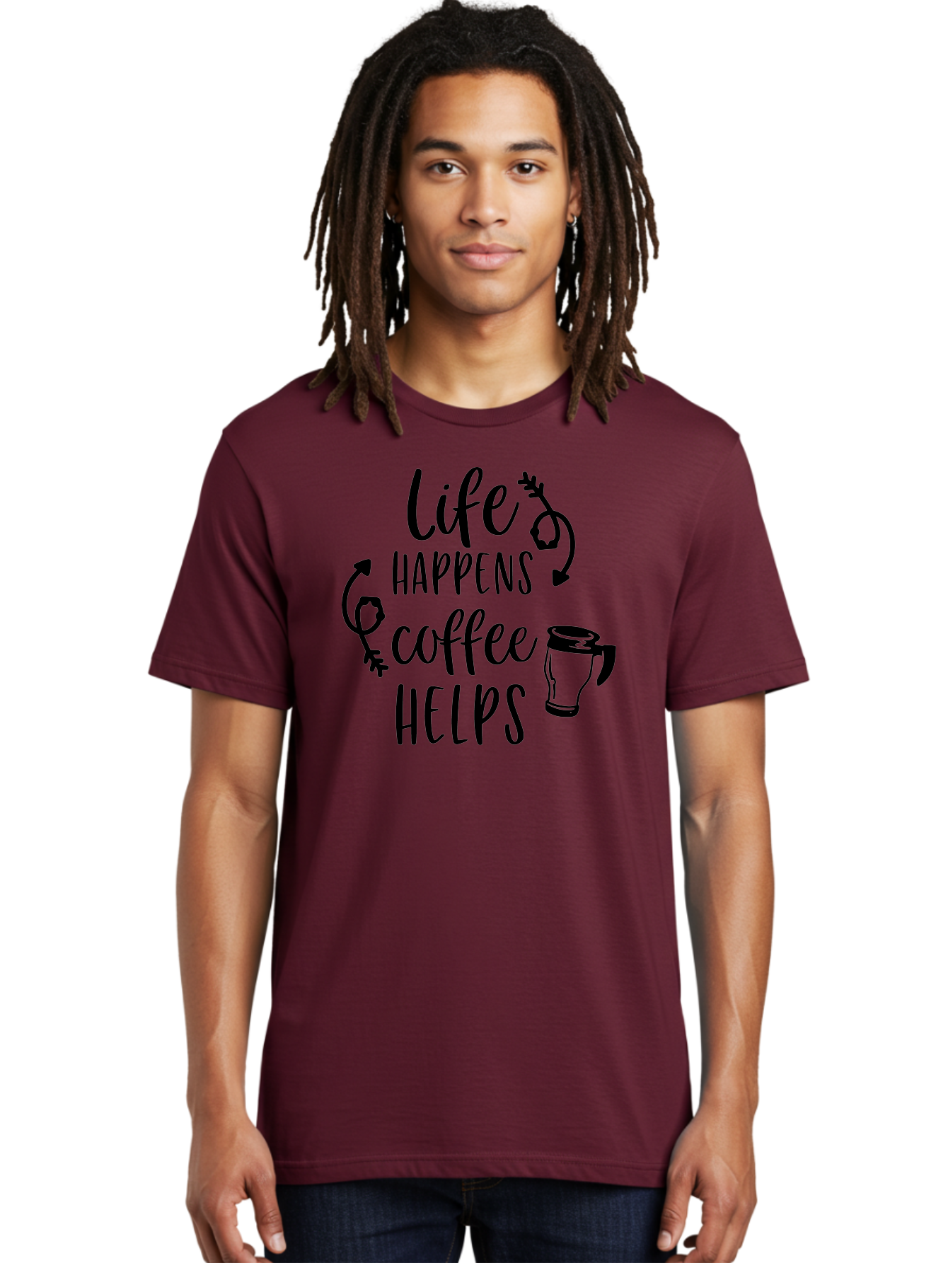 Life-Happens-Coffee-Helps Men'S Graphic Tee, 100% Cotton, Comfortable Casual Summer Wear, Machine Washable, Coffee Quote, Morning Motivation, Coffee Lover, Coffee Break, Daily Grind, Coffee Culture, Funny Quote Aac942